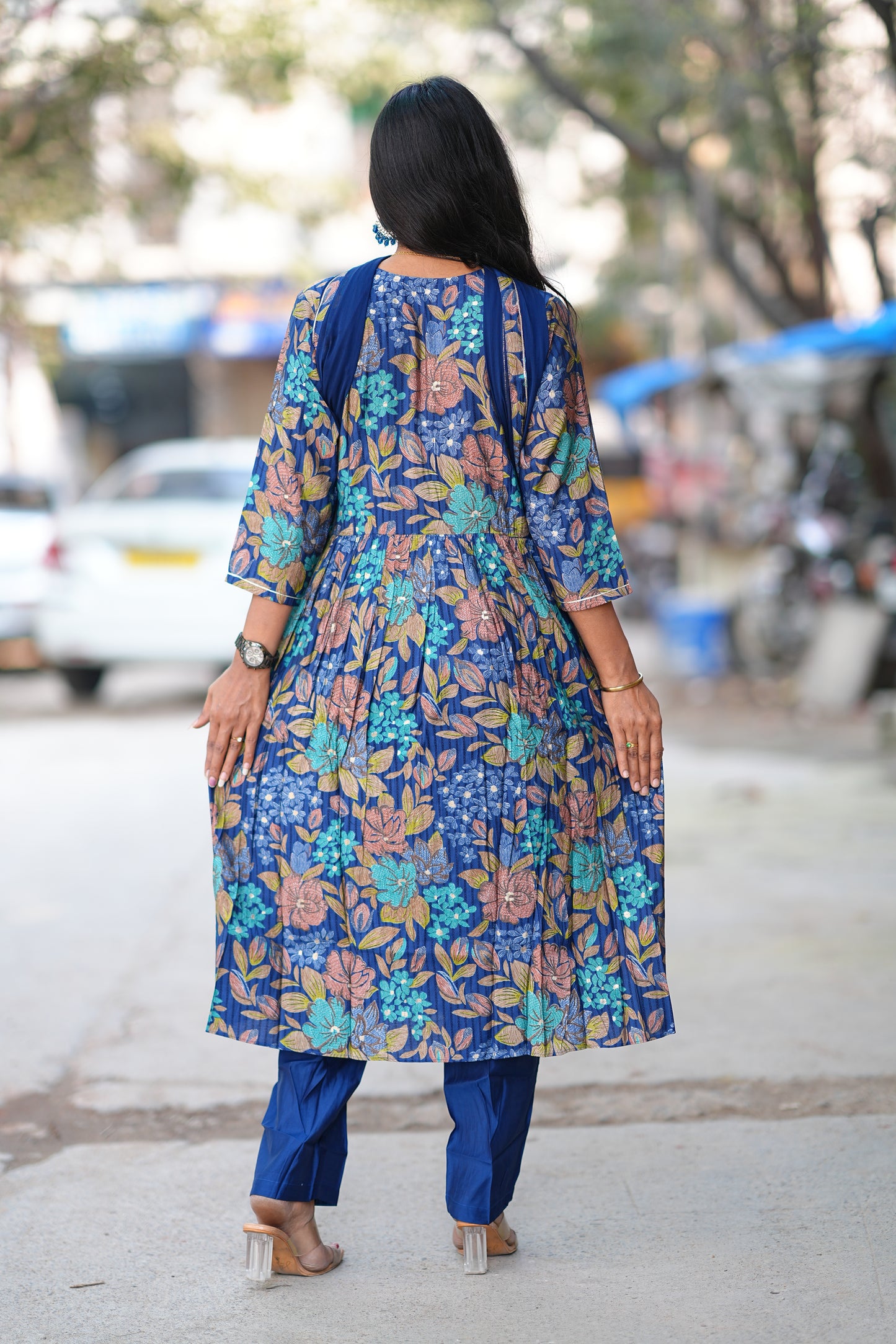 Blue Color Floral Print Viscose Fabric 3 Piece Set