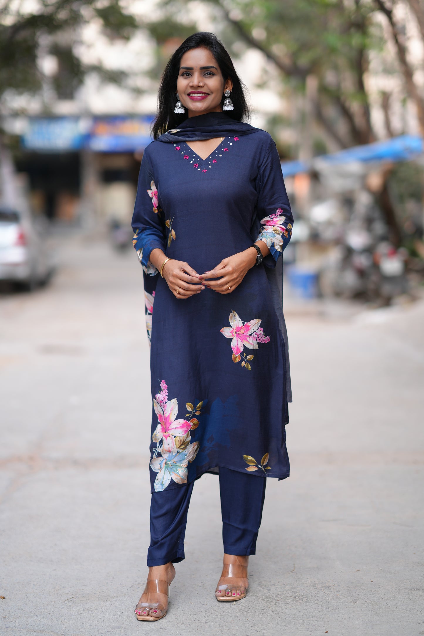 Navy Blue Color Pure Muslin 3 Piece Set With Complete Lining