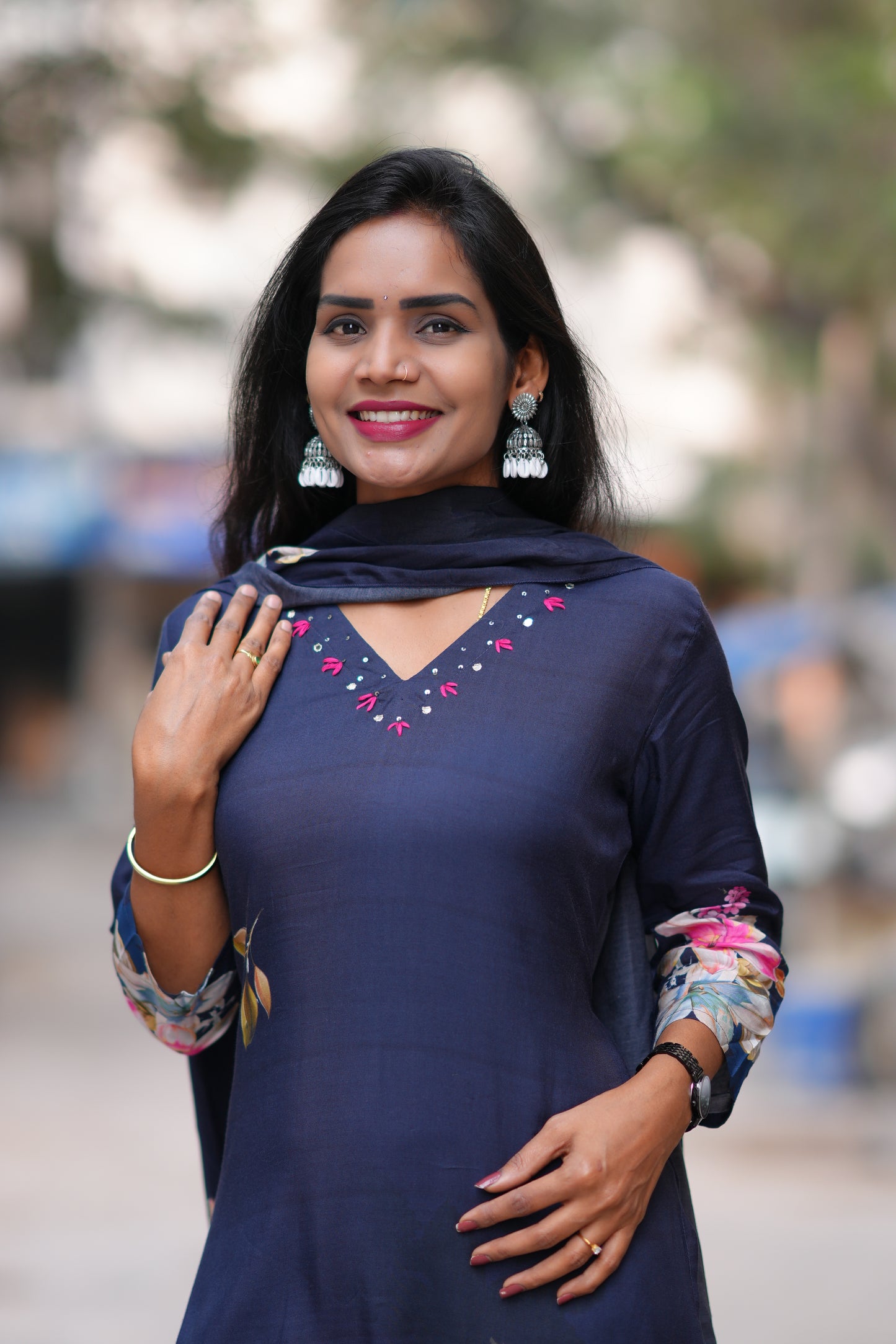 Navy Blue Color Pure Muslin 3 Piece Set With Complete Lining