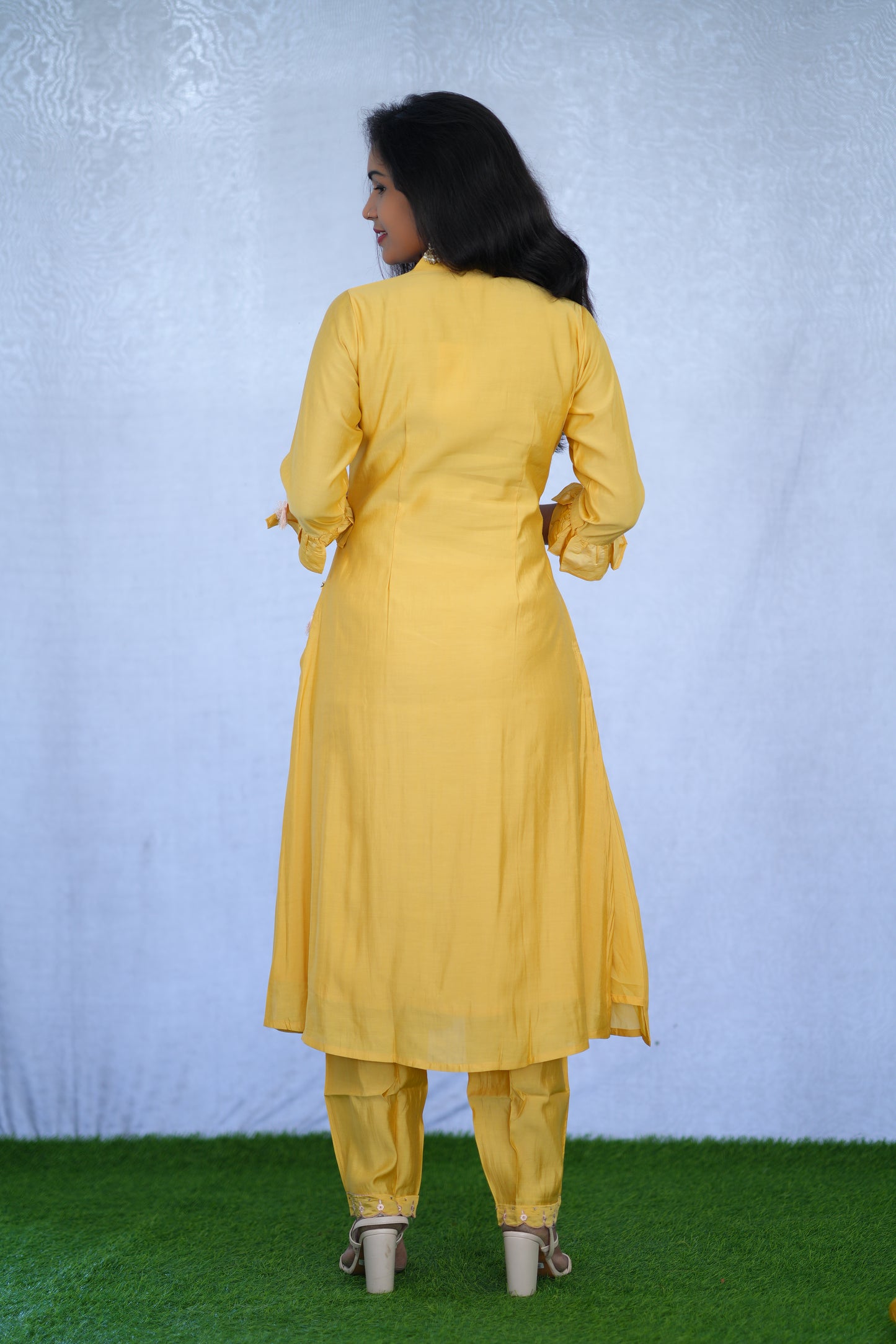 Yellow Color Viscose Fabric Pary Wear 3 Piece Set With Complete Lining