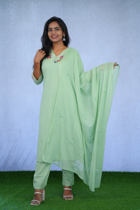 Pastel Green Jaipur cotton 3 Piece Set With embroidery work and Complete Lining