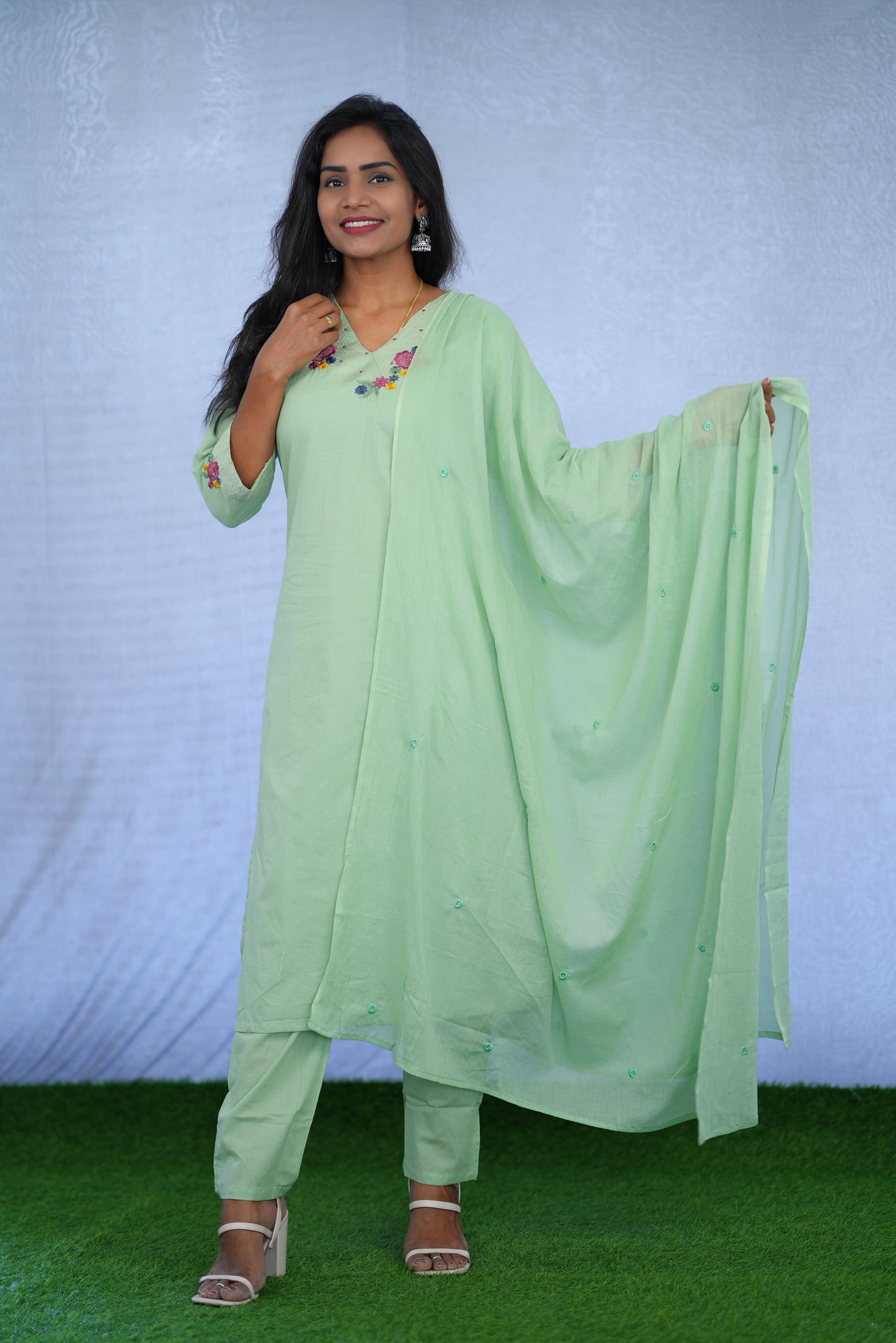 Pastel Green Jaipur cotton 3 Piece Set With embroidery work and Complete Lining