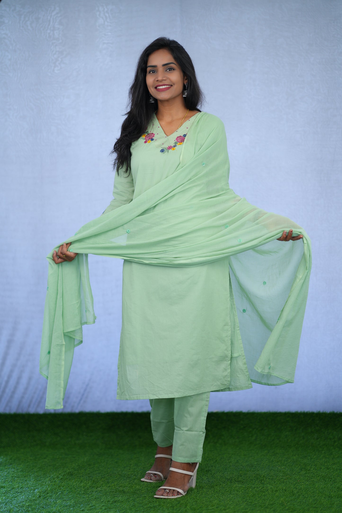 Pastel Green Jaipur cotton 3 Piece Set With embroidery work and Complete Lining