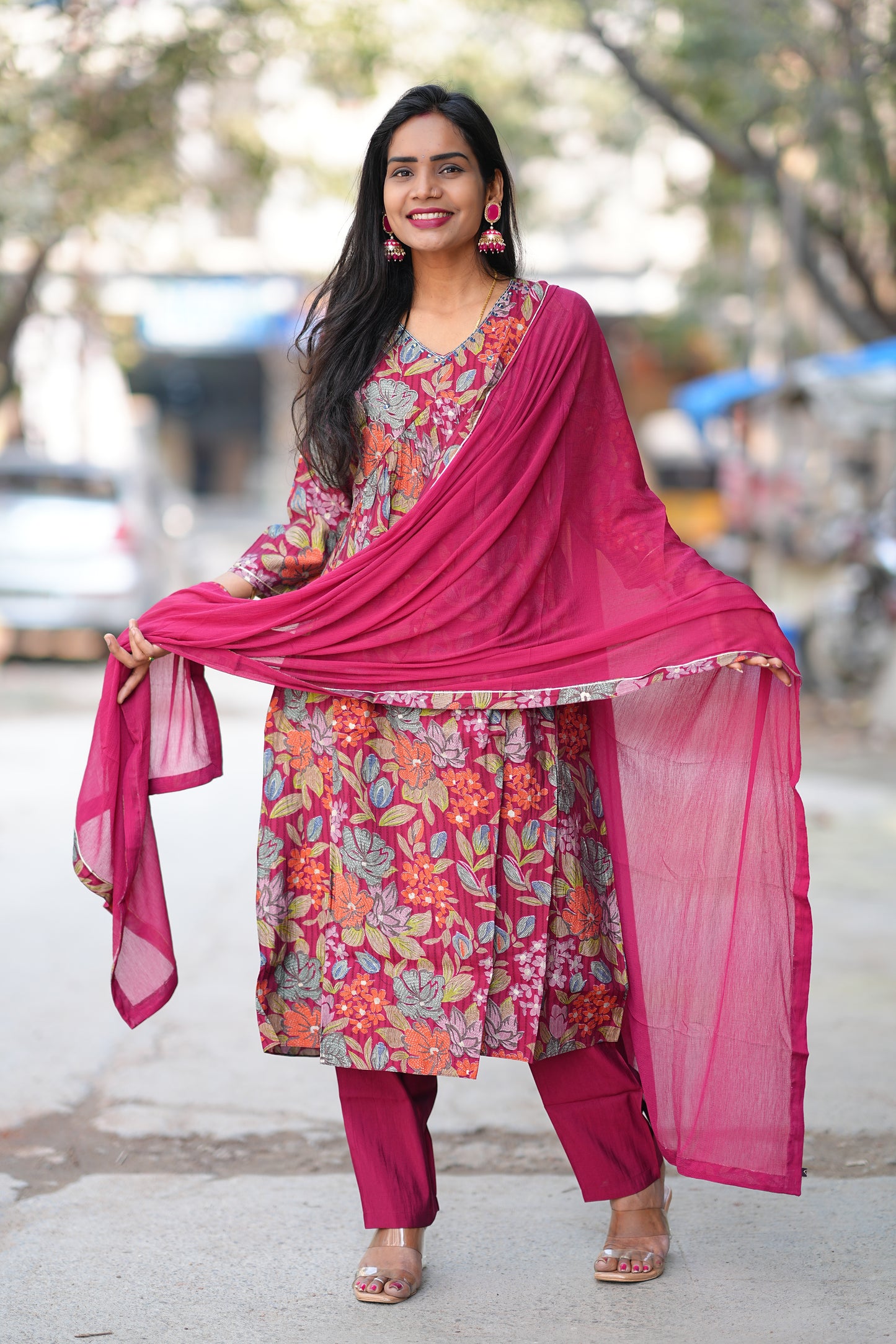 Red Color Floral Print Viscose Fabric 3 Piece Set