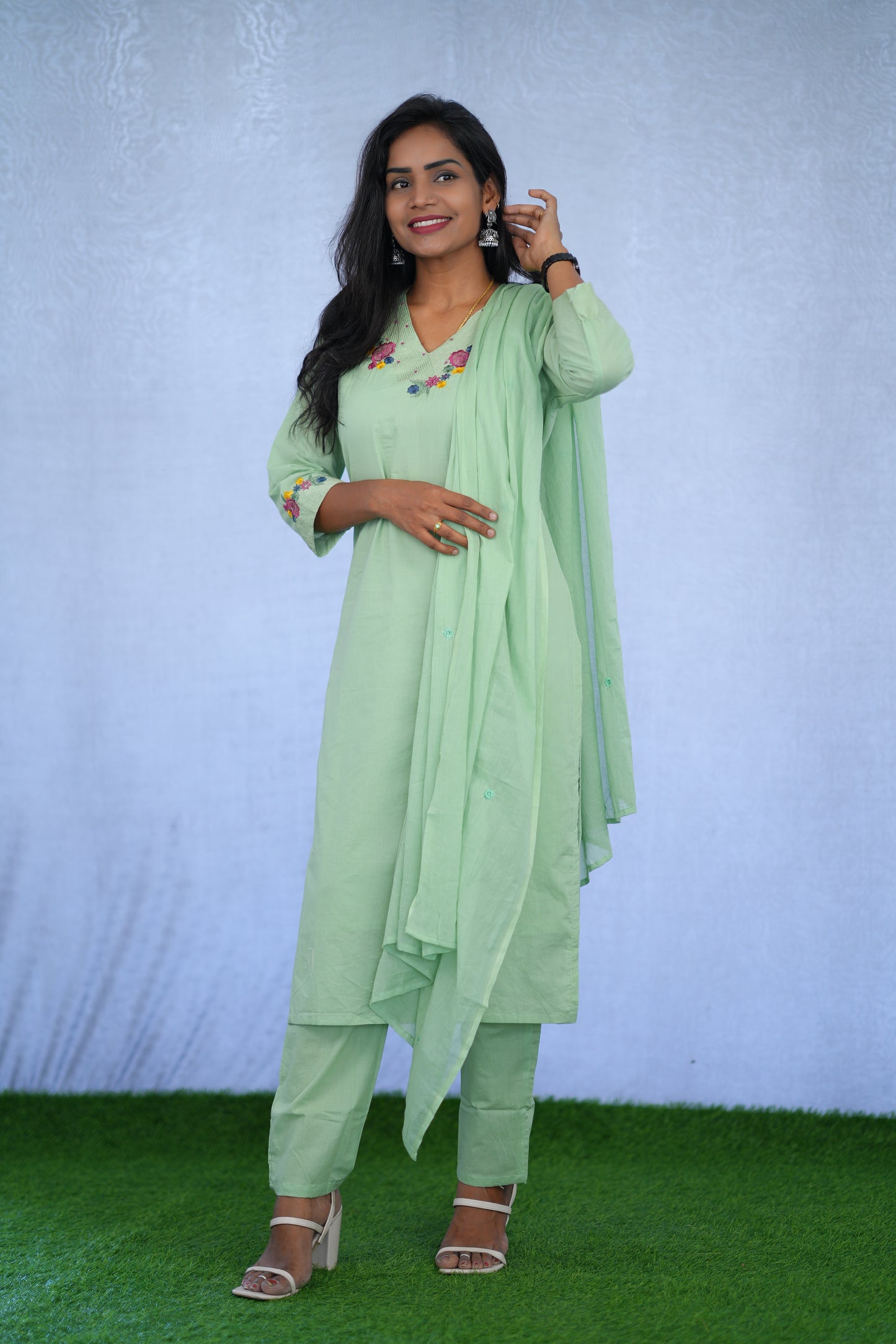 Pastel Green Jaipur cotton 3 Piece Set With embroidery work and Complete Lining