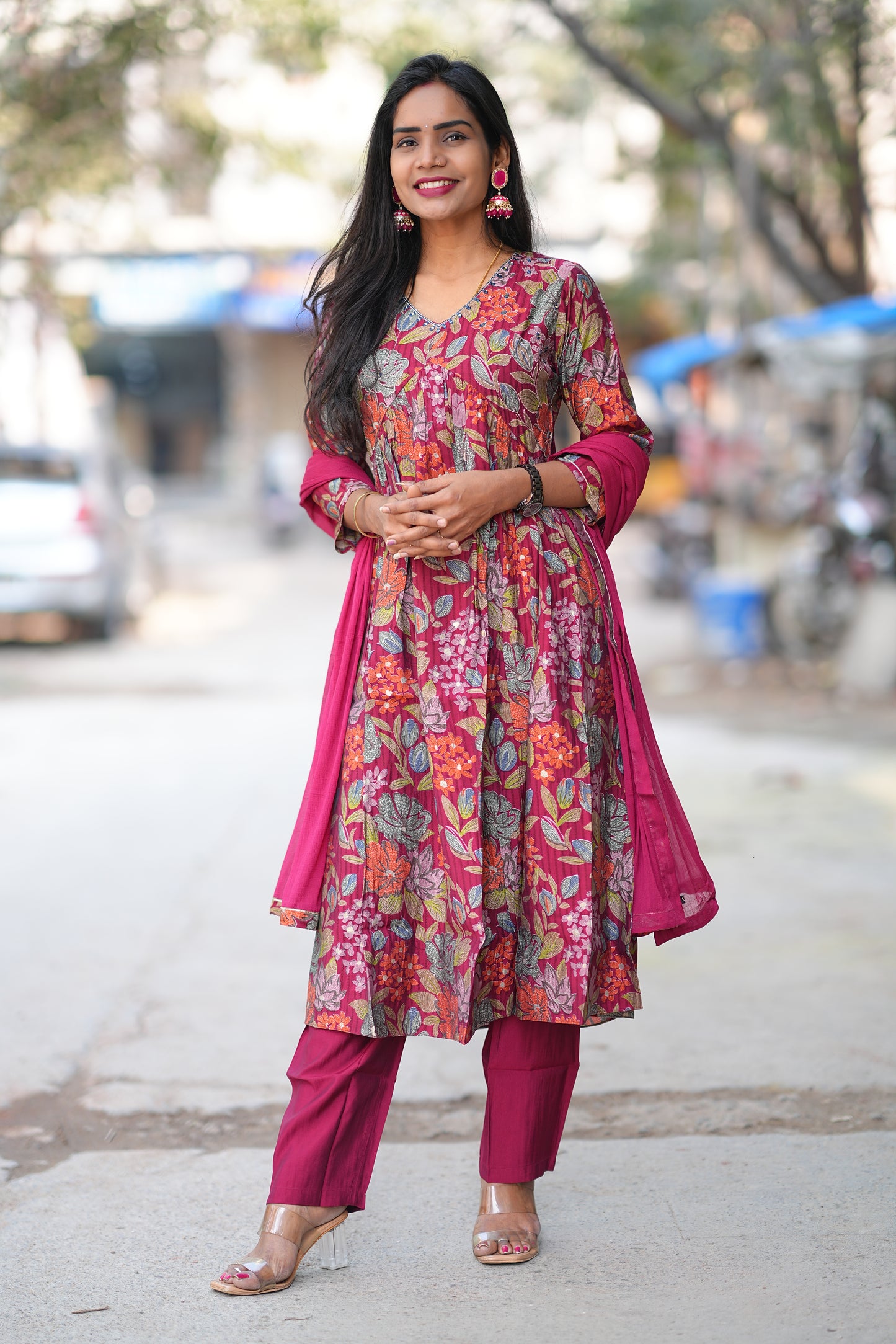 Red Color Floral Print Viscose Fabric 3 Piece Set