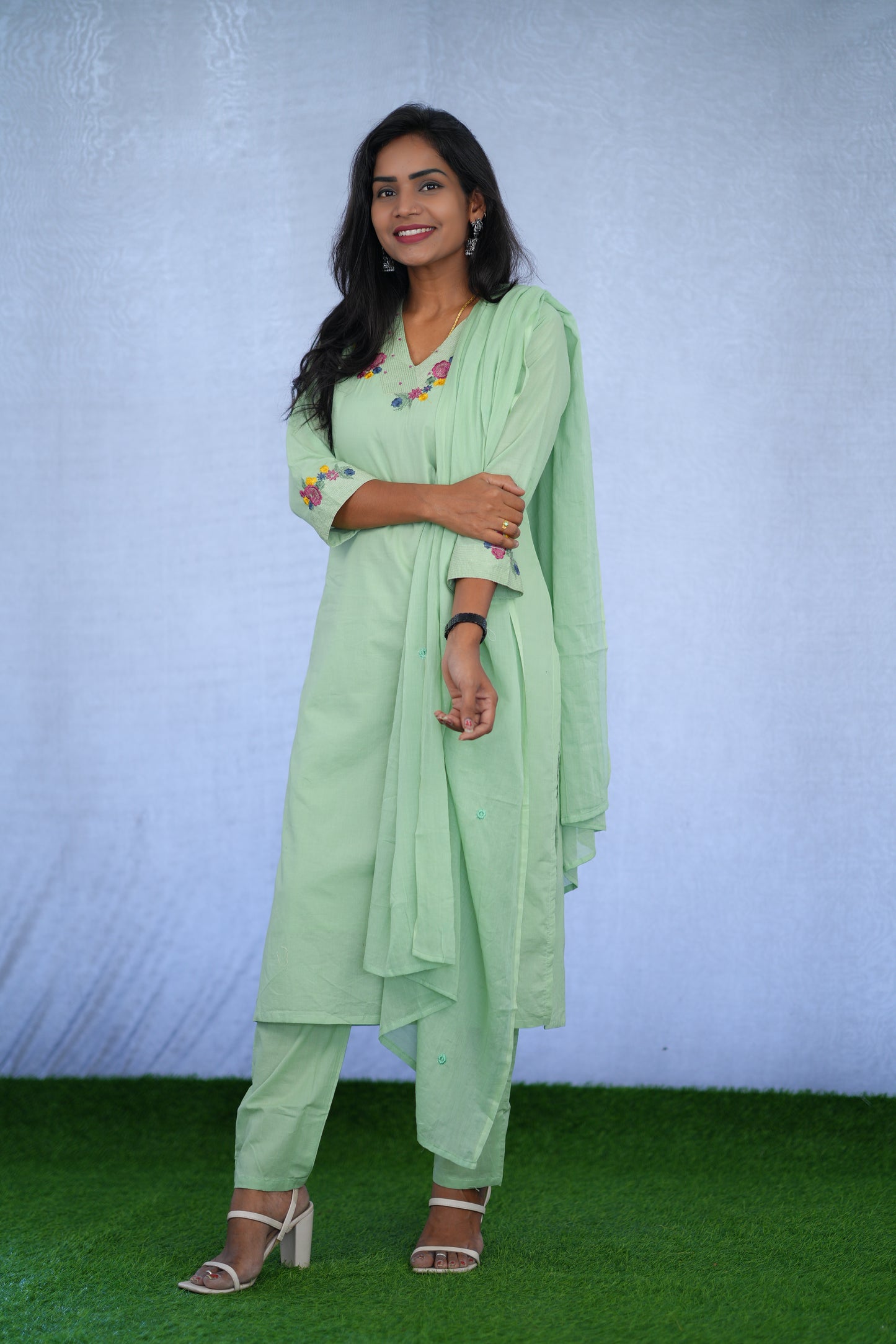 Pastel Green Jaipur cotton 3 Piece Set With embroidery work and Complete Lining