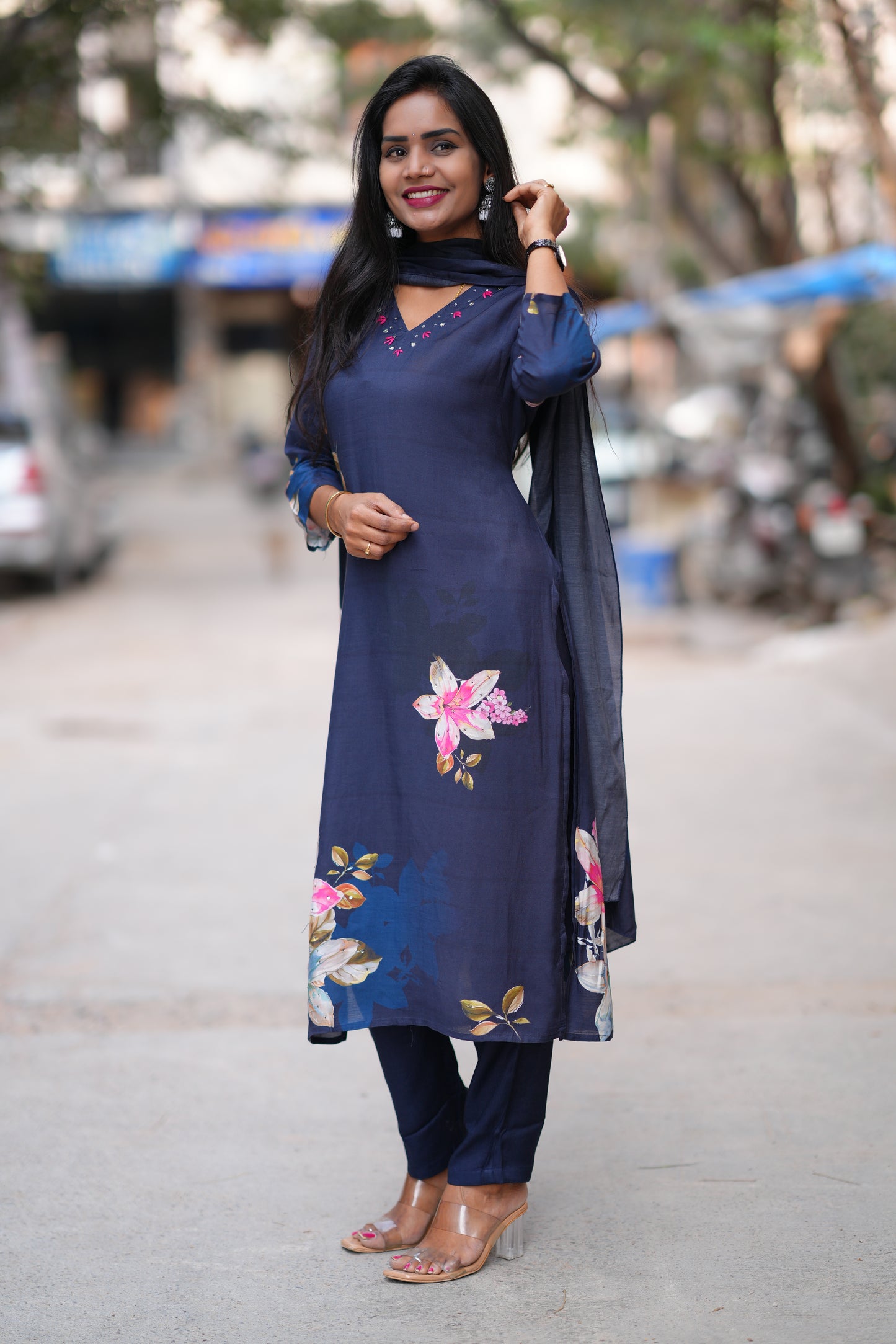 Navy Blue Color Pure Muslin 3 Piece Set With Complete Lining