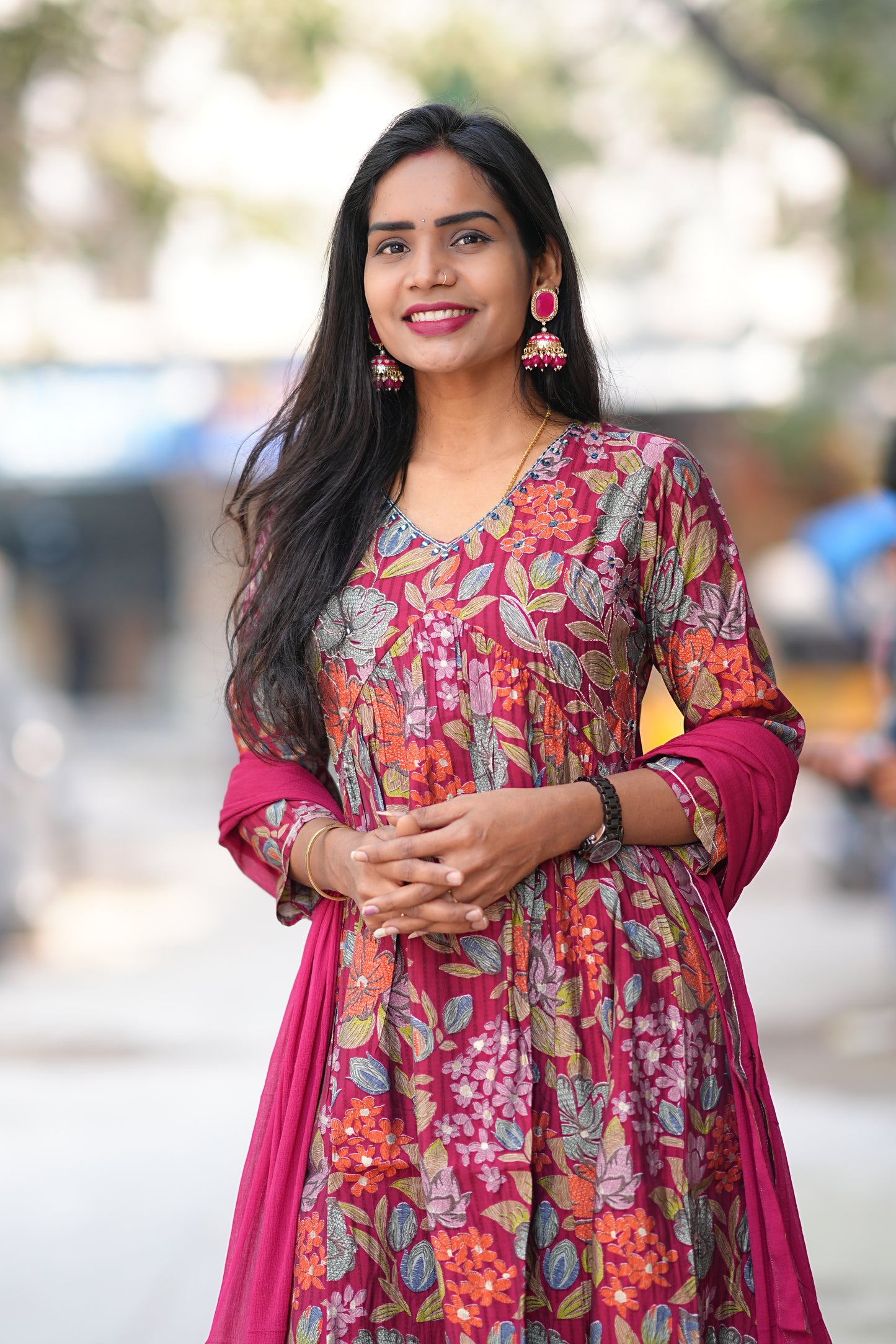 Red Color Floral Print Viscose Fabric 3 Piece Set