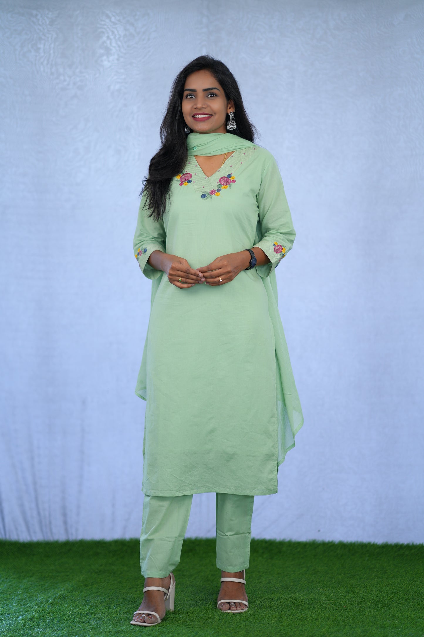 Pastel Green Jaipur cotton 3 Piece Set With embroidery work and Complete Lining