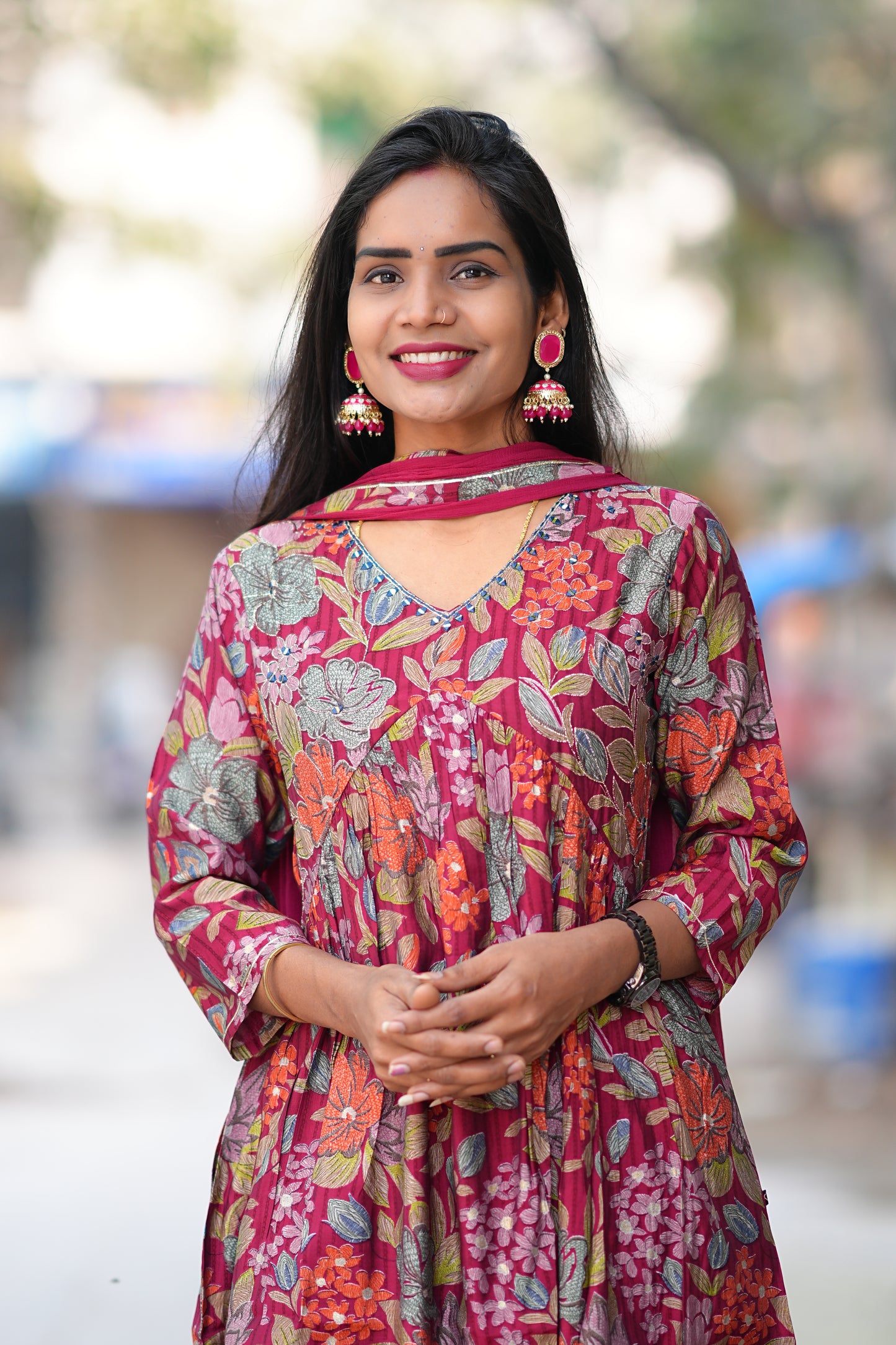 Red Color Floral Print Viscose Fabric 3 Piece Set