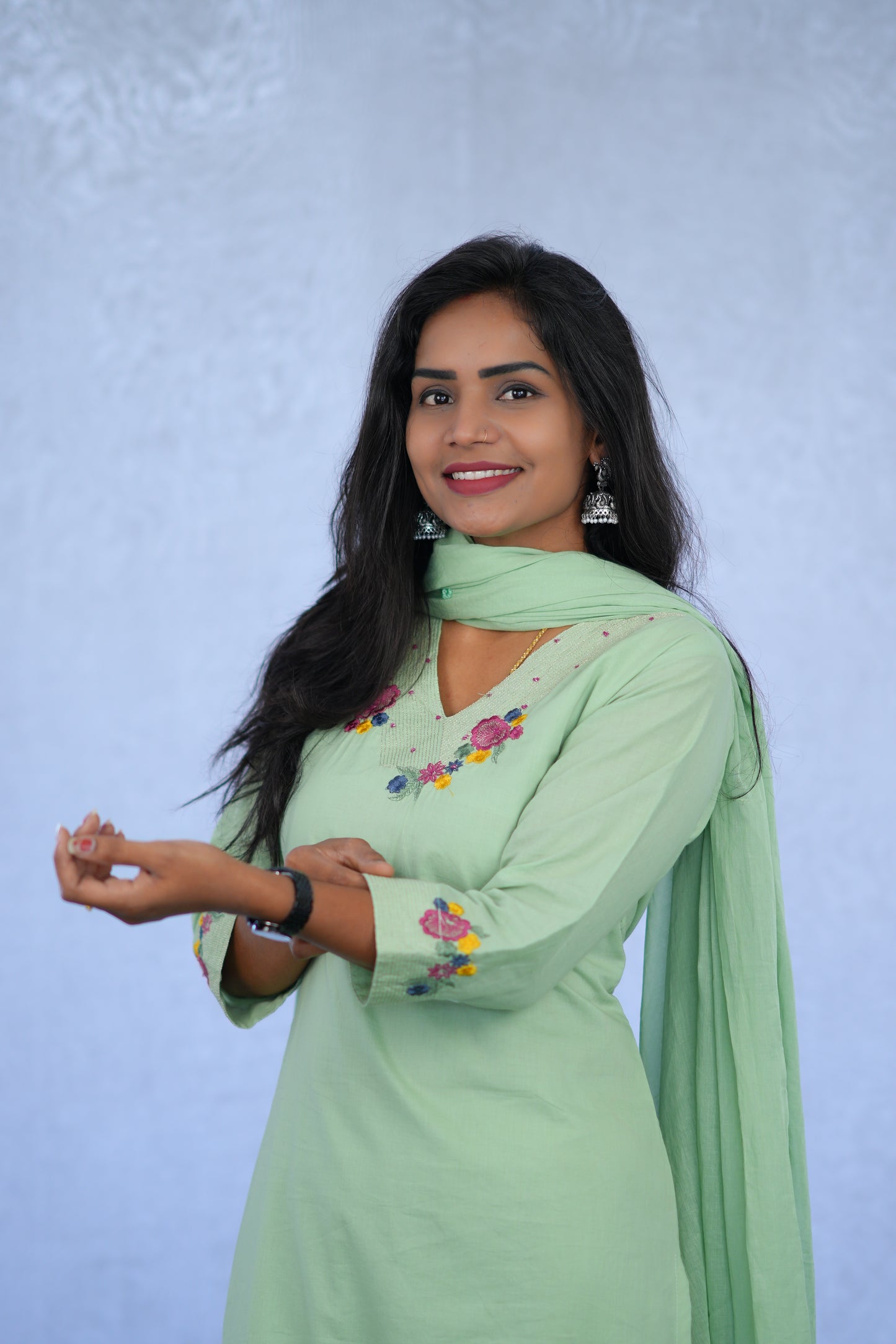 Pastel Green Jaipur cotton 3 Piece Set With embroidery work and Complete Lining