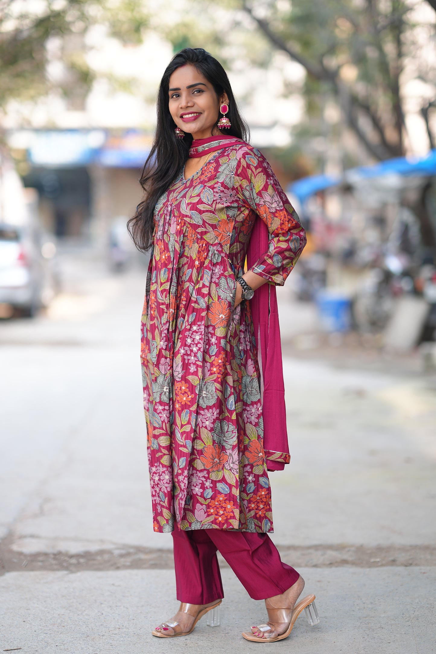 Red Color Floral Print Viscose Fabric 3 Piece Set