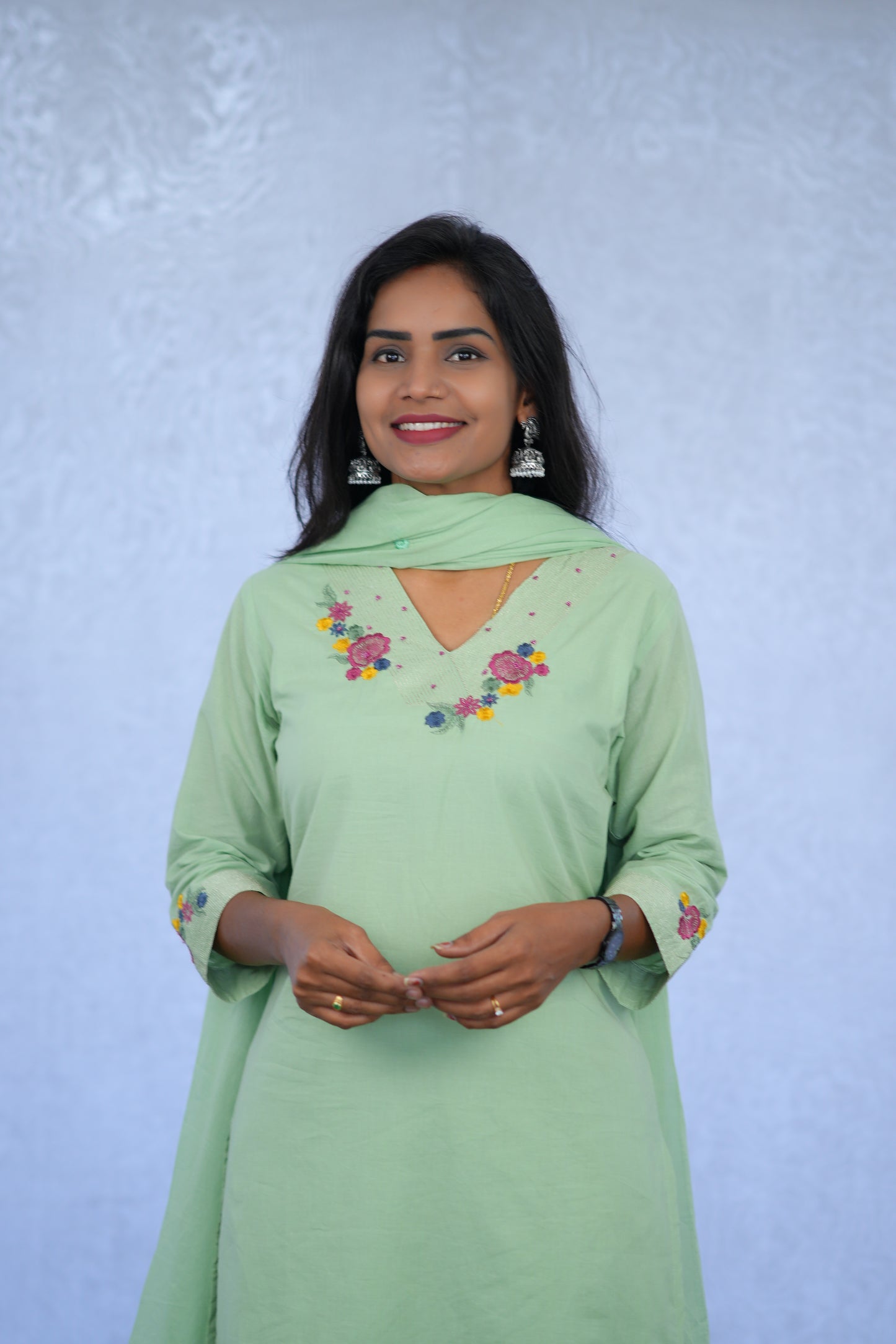 Pastel Green Jaipur cotton 3 Piece Set With embroidery work and Complete Lining