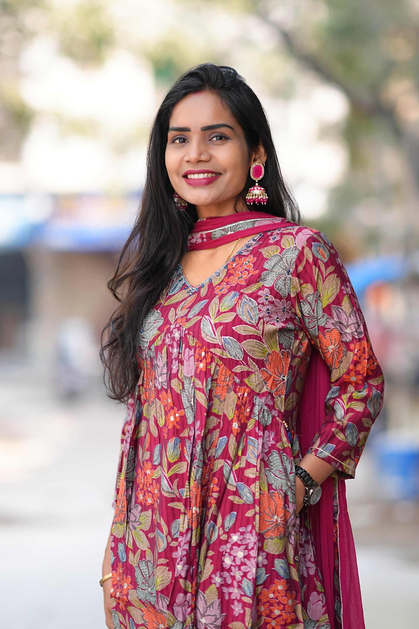 Red Color Floral Print Viscose Fabric 3 Piece Set