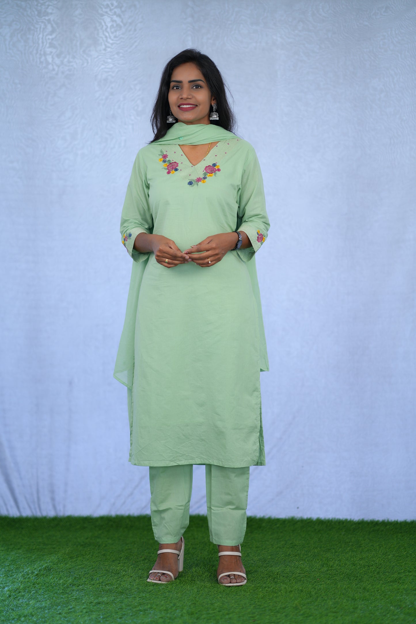Pastel Green Jaipur cotton 3 Piece Set With embroidery work and Complete Lining