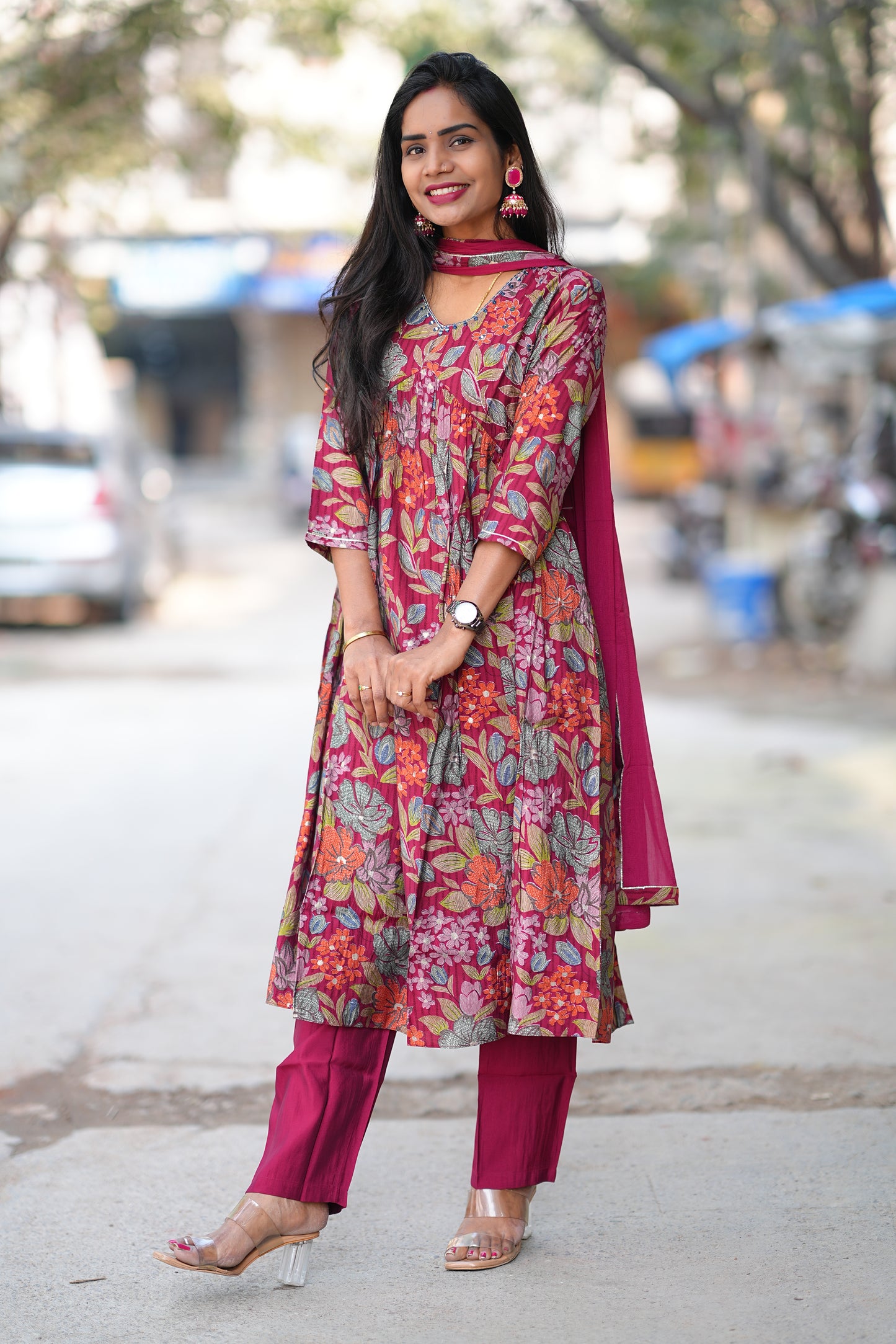 Red Color Floral Print Viscose Fabric 3 Piece Set