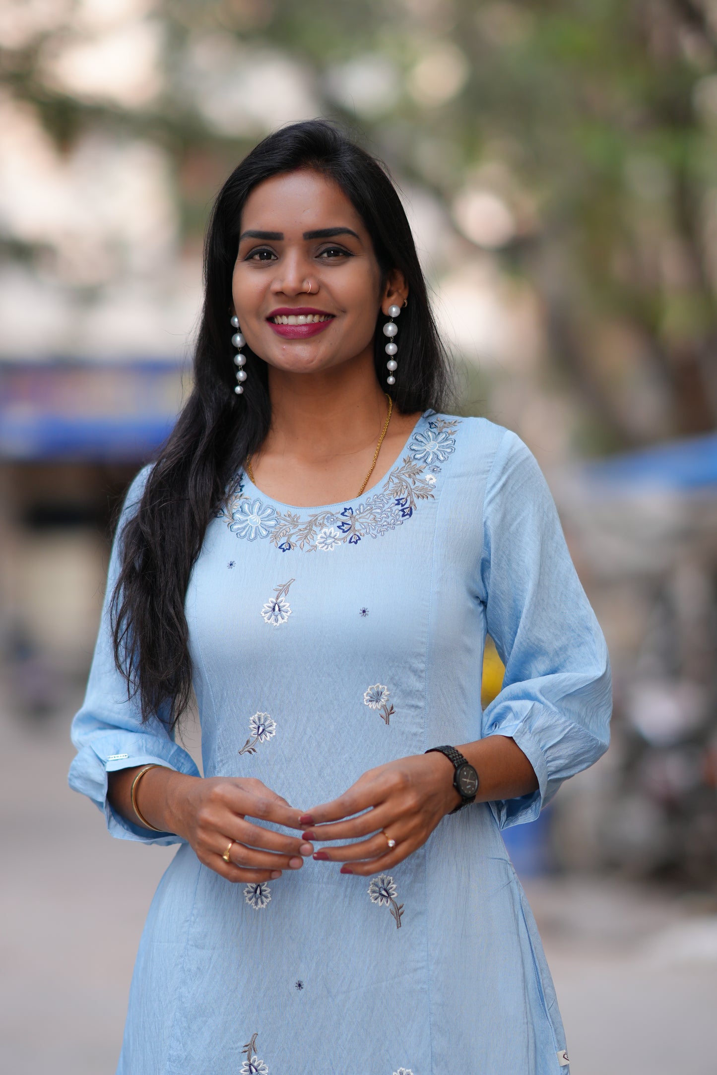 Light Blue Color Viscose Fabric Designer Wear Frock