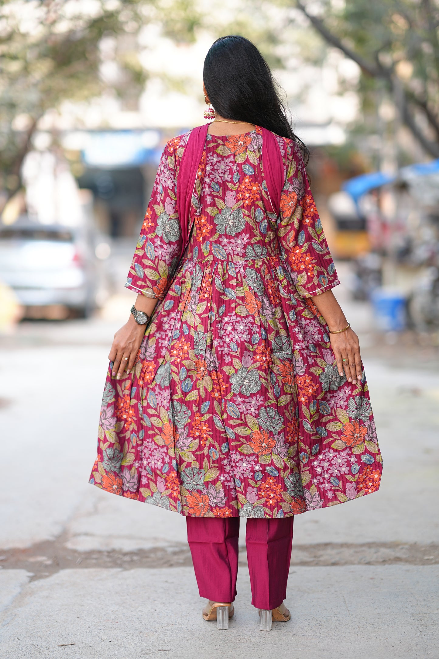 Red Color Floral Print Viscose Fabric 3 Piece Set