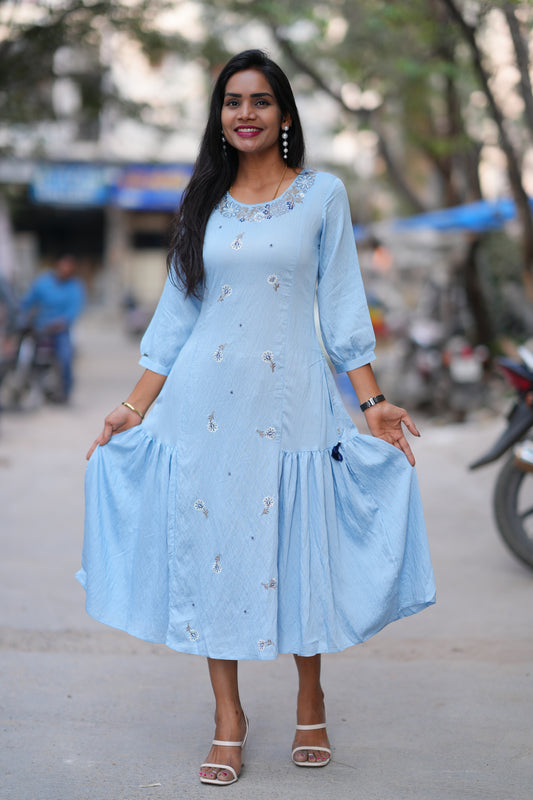 Light Blue Color Viscose Fabric Designer Wear Frock