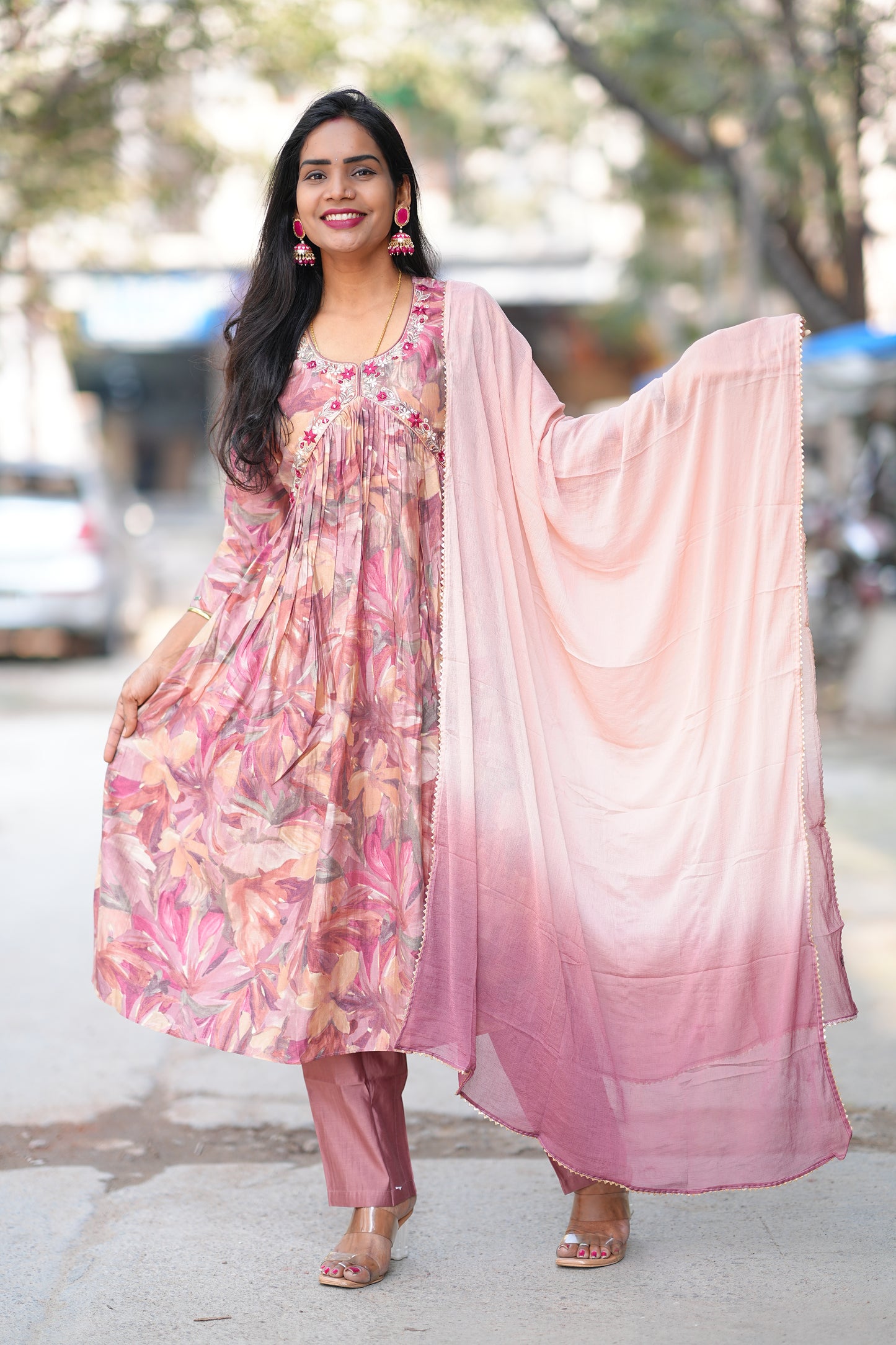 Dusty Peach Color Festive Wear Anarkali 3 Piece Set in Viscose Chanderi Fabric