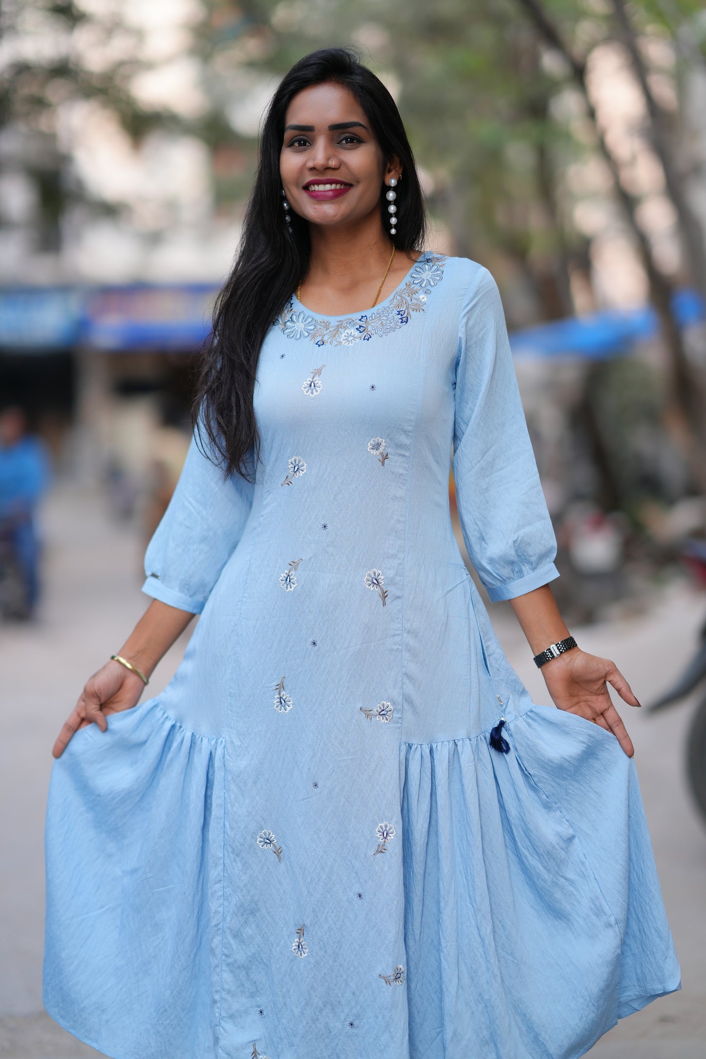 Light Blue Color Viscose Fabric Designer Wear Frock