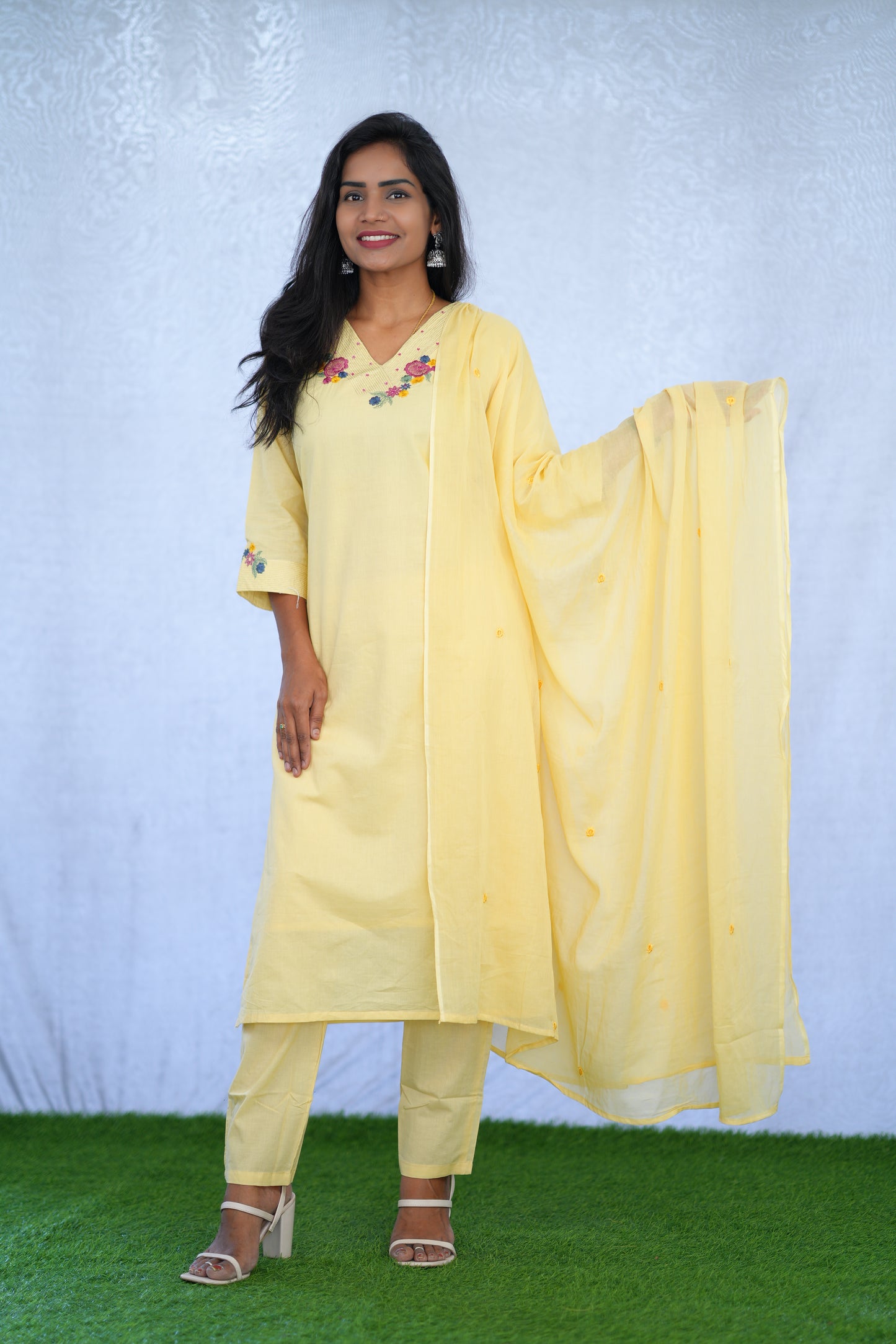 yellow Jaipur cotton 3 Piece Set With embroidery work and Complete Lining