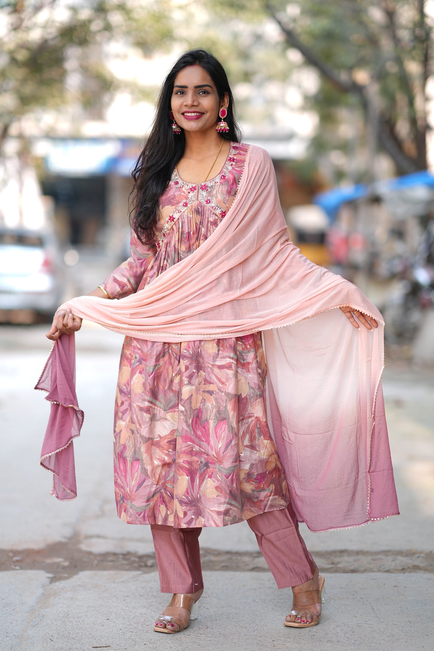 Dusty Peach Color Festive Wear Anarkali 3 Piece Set in Viscose Chanderi Fabric