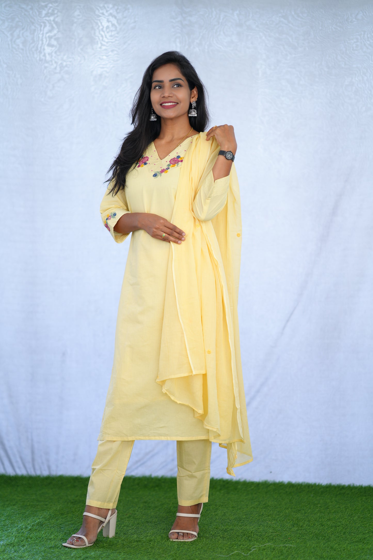 yellow Jaipur cotton 3 Piece Set With embroidery work and Complete Lining