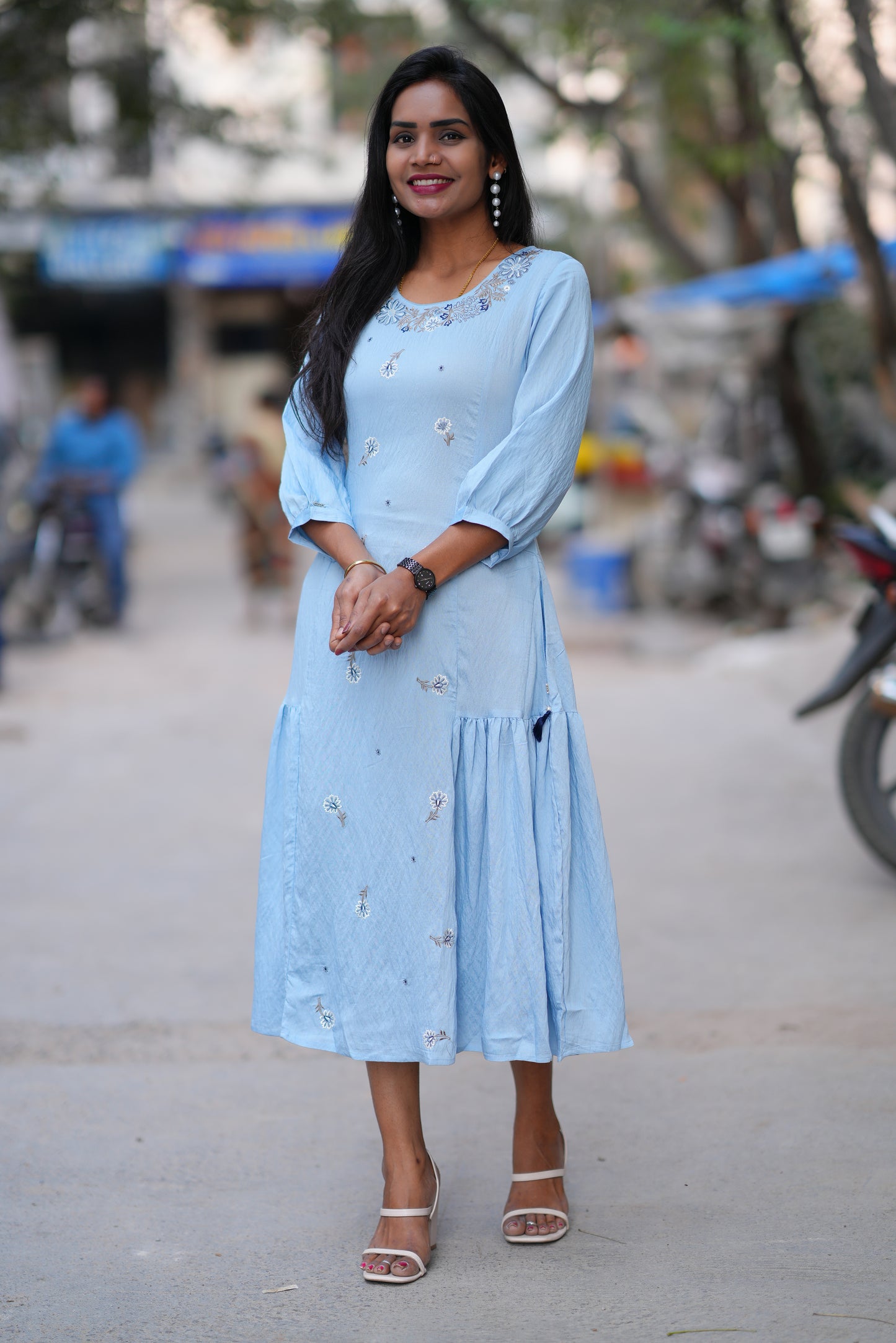 Light Blue Color Viscose Fabric Designer Wear Frock