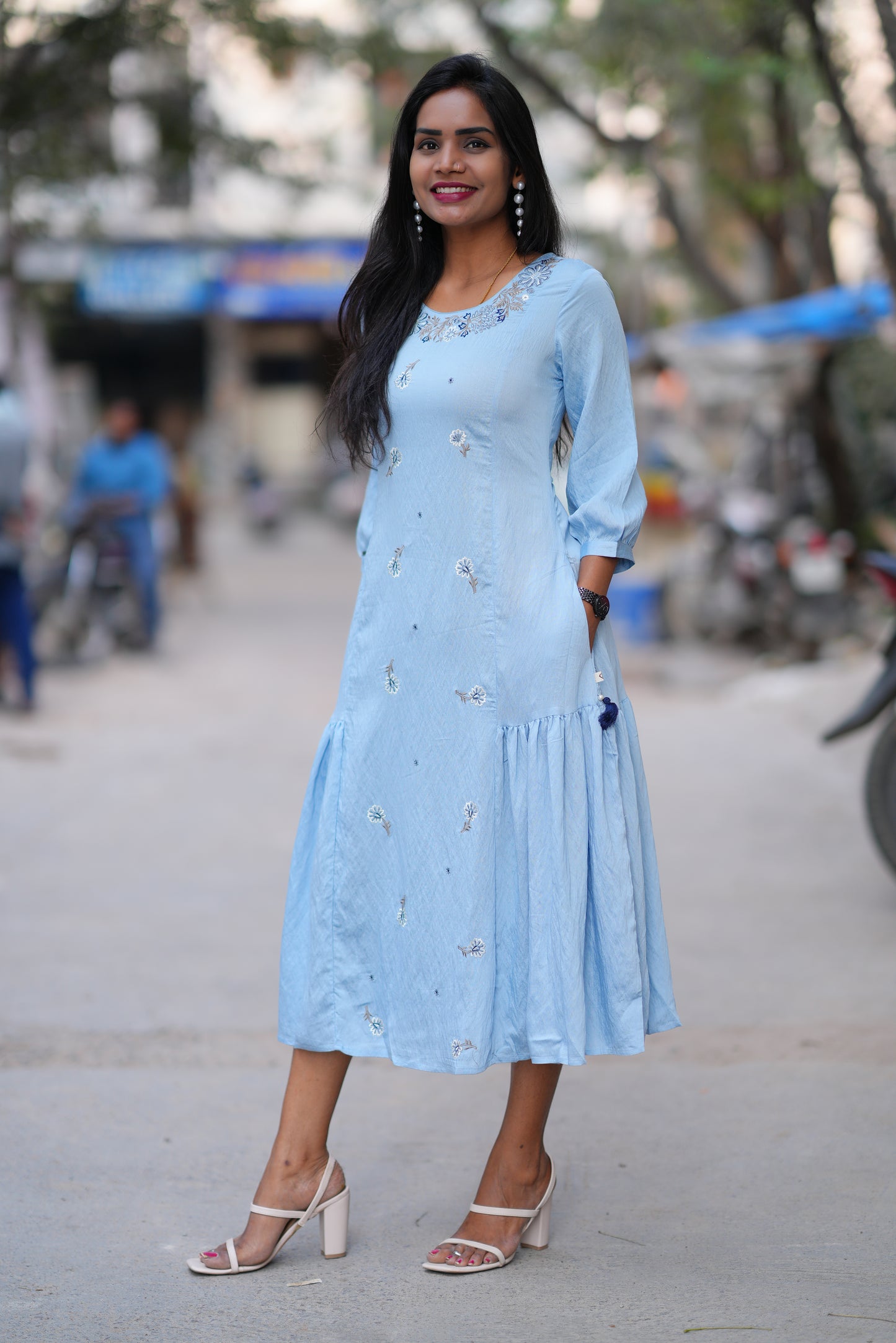 Light Blue Color Viscose Fabric Designer Wear Frock