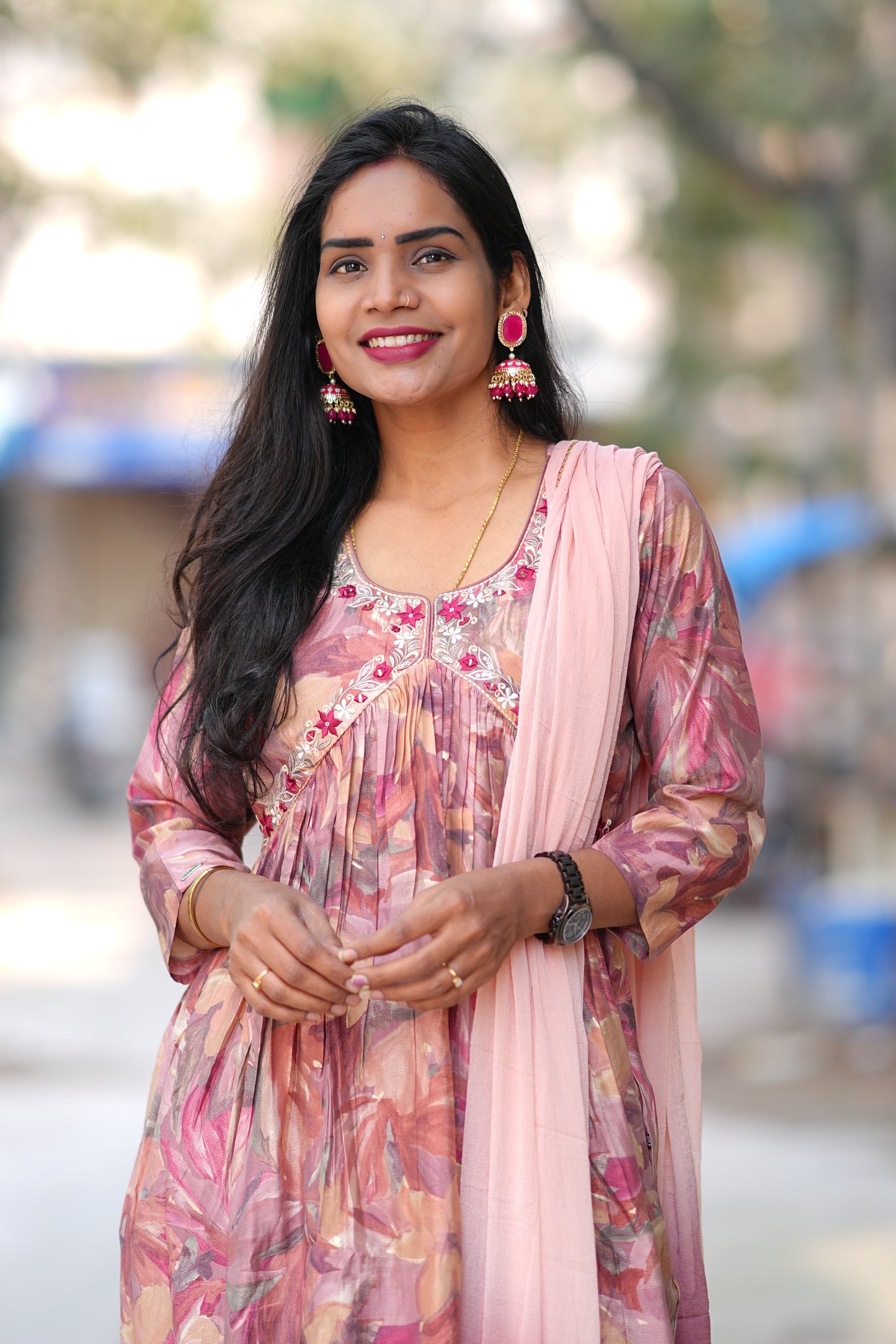 Dusty Peach Color Festive Wear Anarkali 3 Piece Set in Viscose Chanderi Fabric