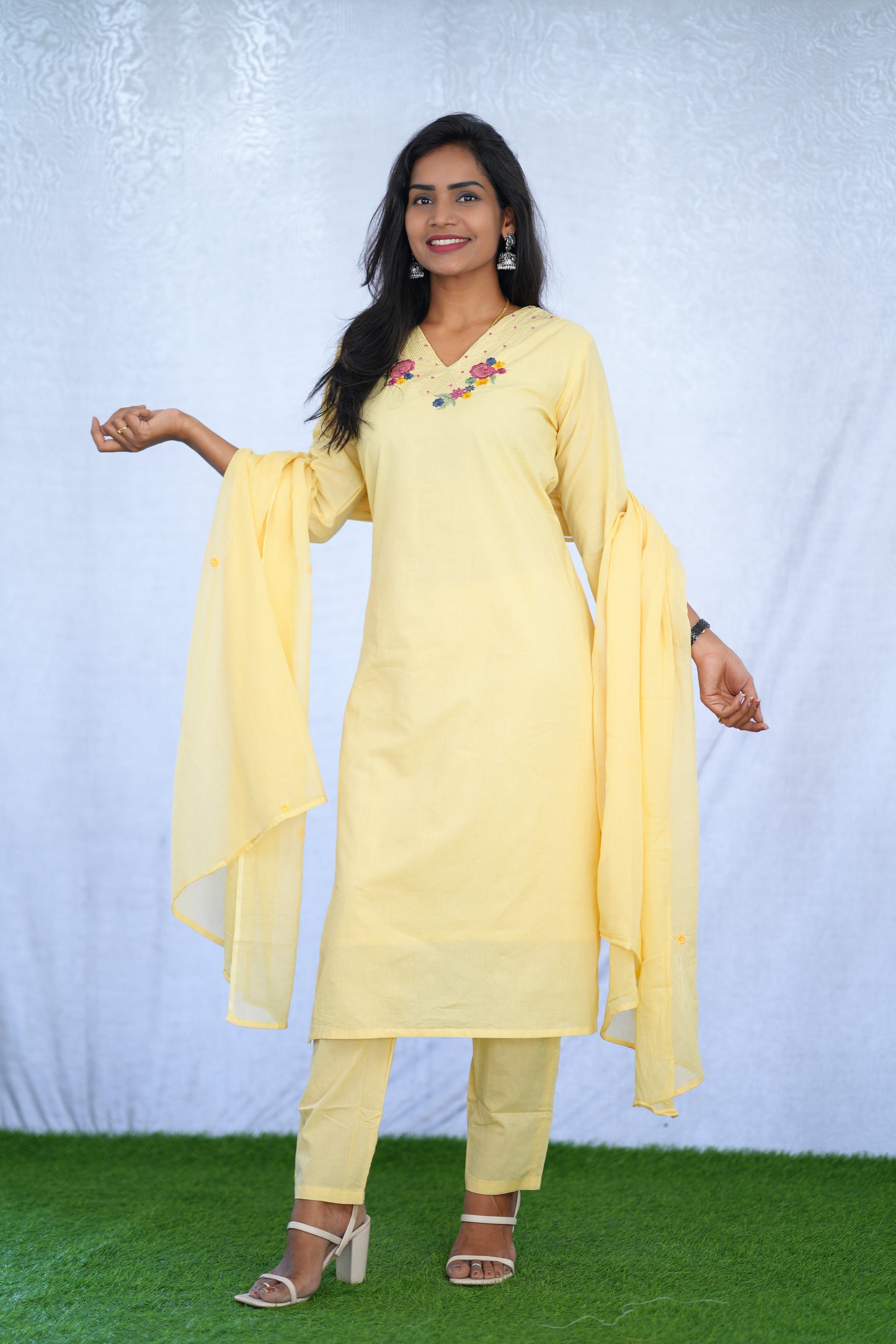 yellow Jaipur cotton 3 Piece Set With embroidery work and Complete Lining