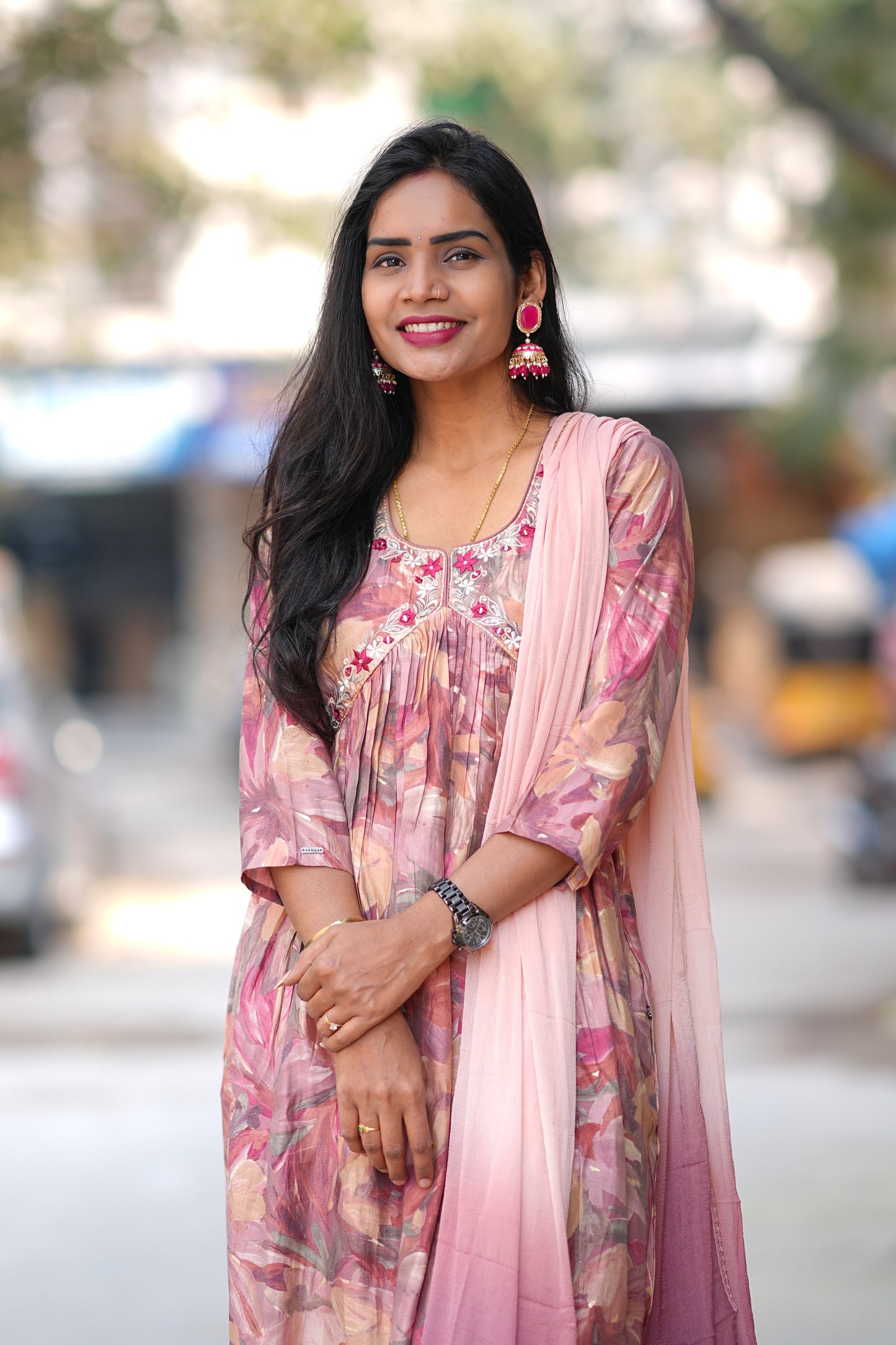 Dusty Peach Color Festive Wear Anarkali 3 Piece Set in Viscose Chanderi Fabric