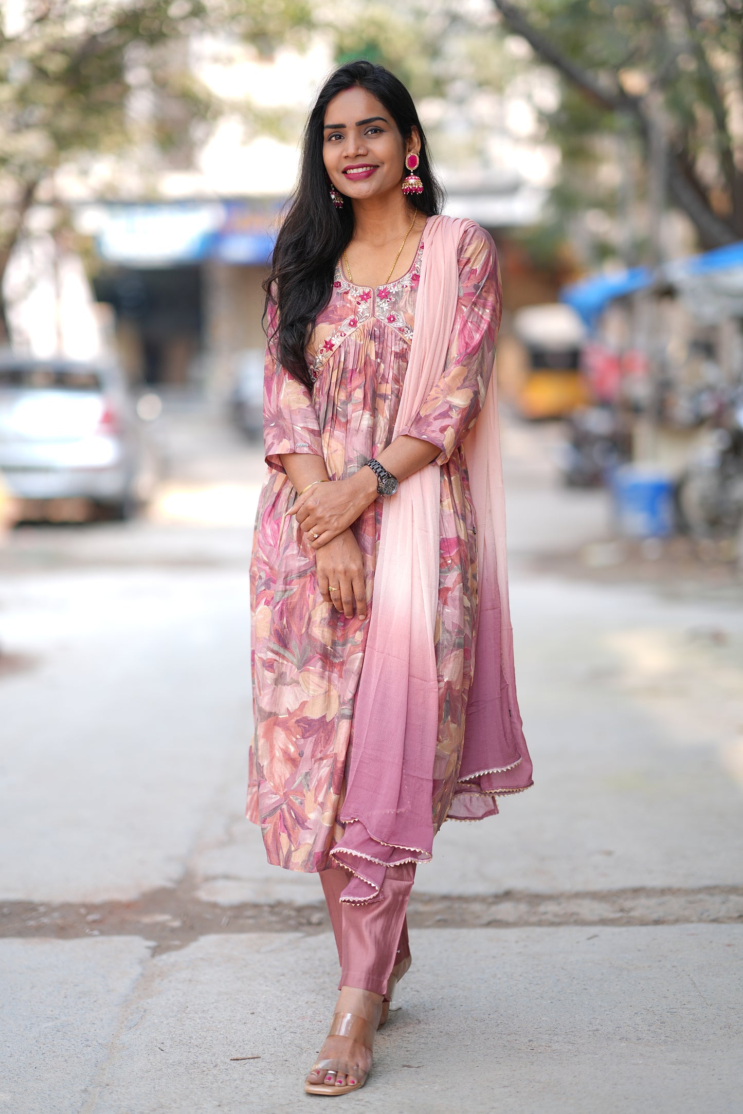 Dusty Peach Color Festive Wear Anarkali 3 Piece Set in Viscose Chanderi Fabric