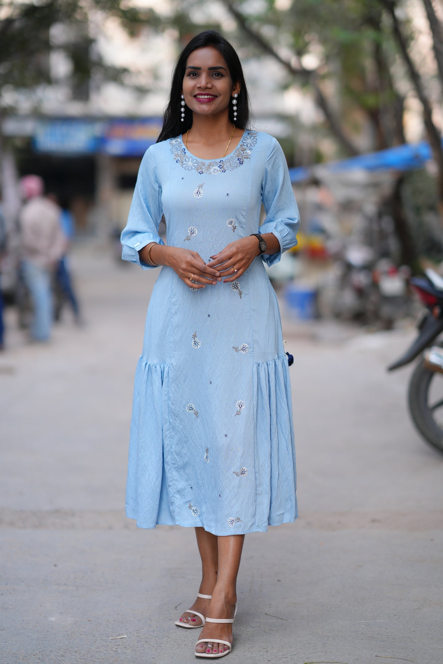 Light Blue Color Viscose Fabric Designer Wear Frock