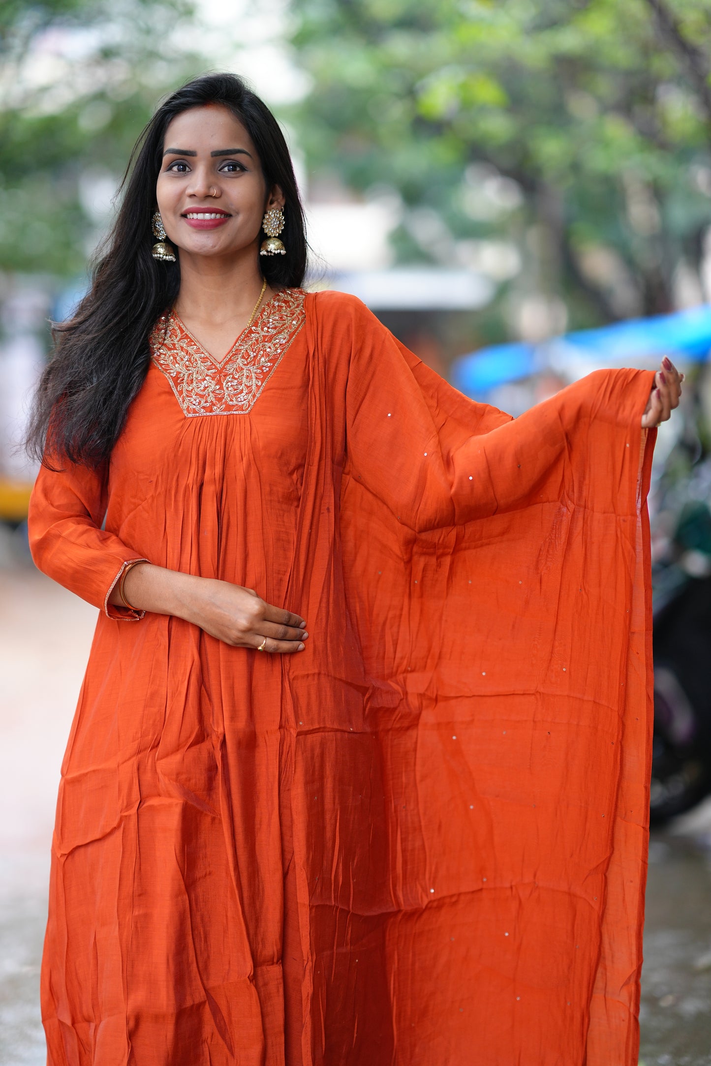 Orange Color Mul Chandheri A Line 3 Piece Set