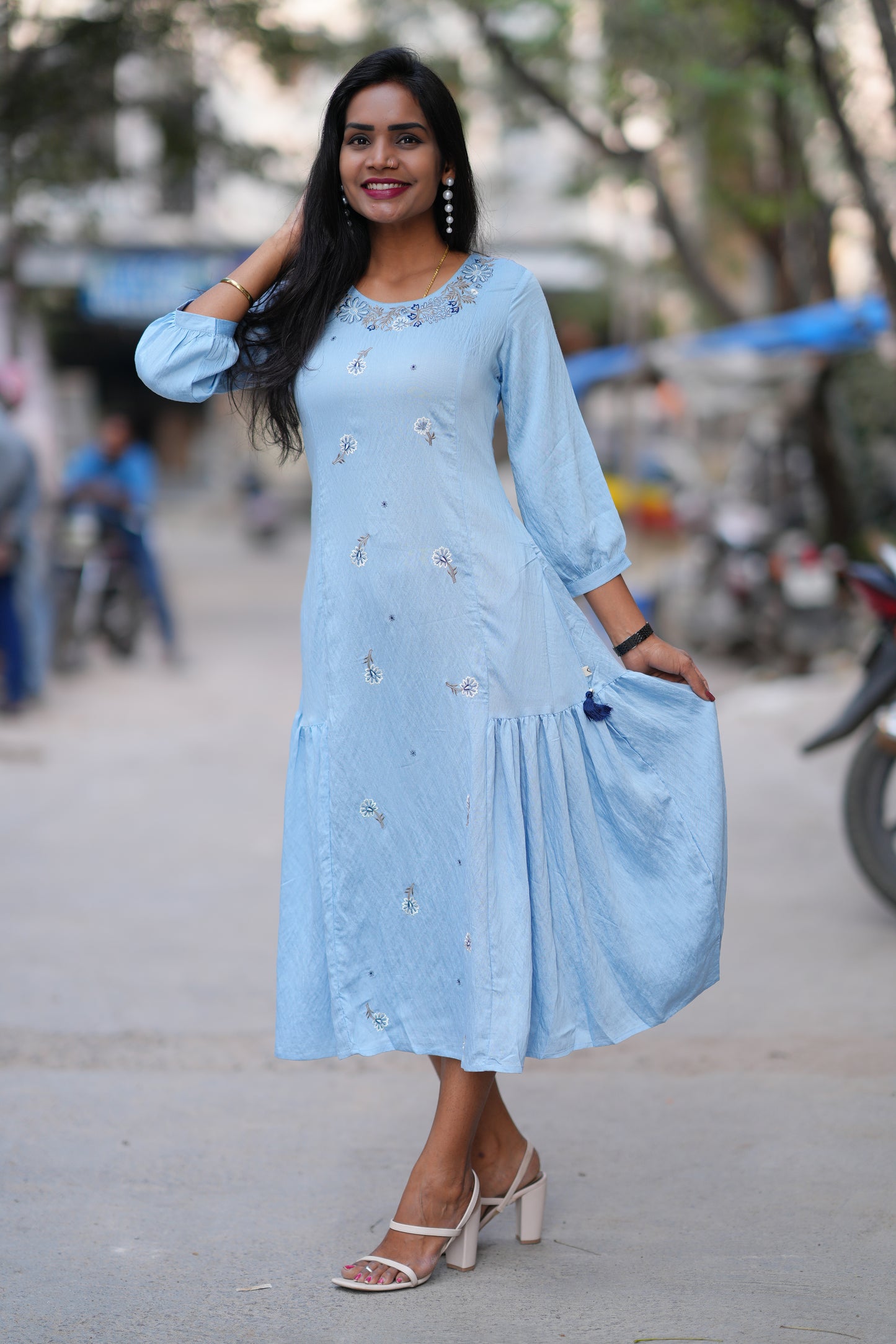 Light Blue Color Viscose Fabric Designer Wear Frock