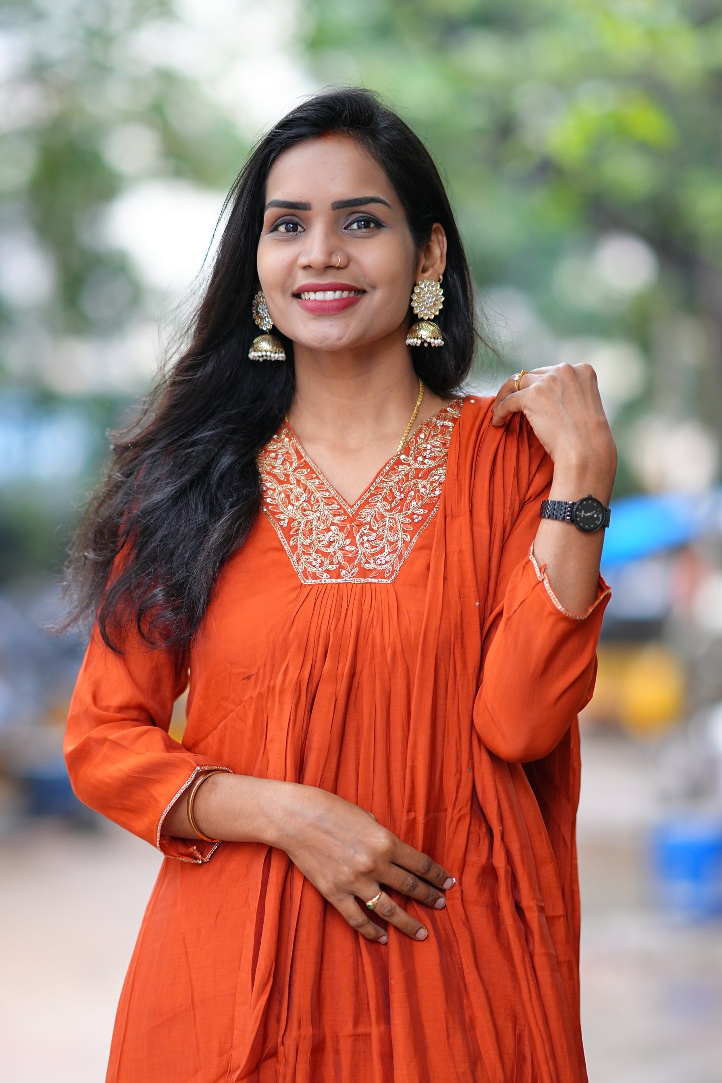 Orange Color Mul Chandheri A Line 3 Piece Set