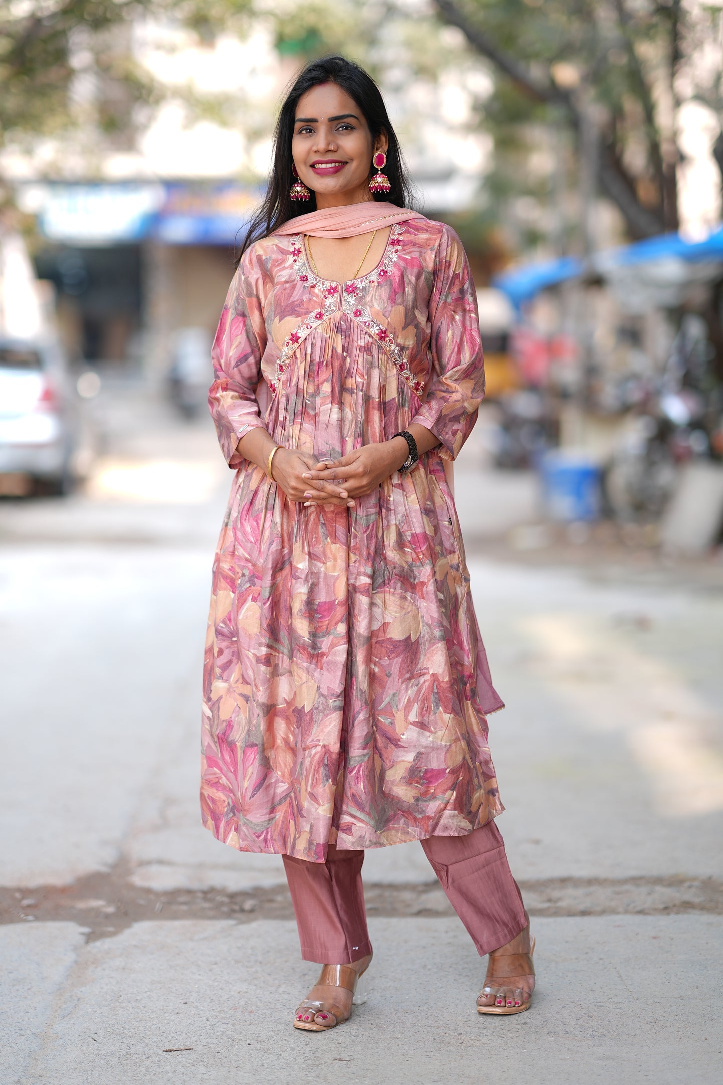 Dusty Peach Color Festive Wear Anarkali 3 Piece Set in Viscose Chanderi Fabric