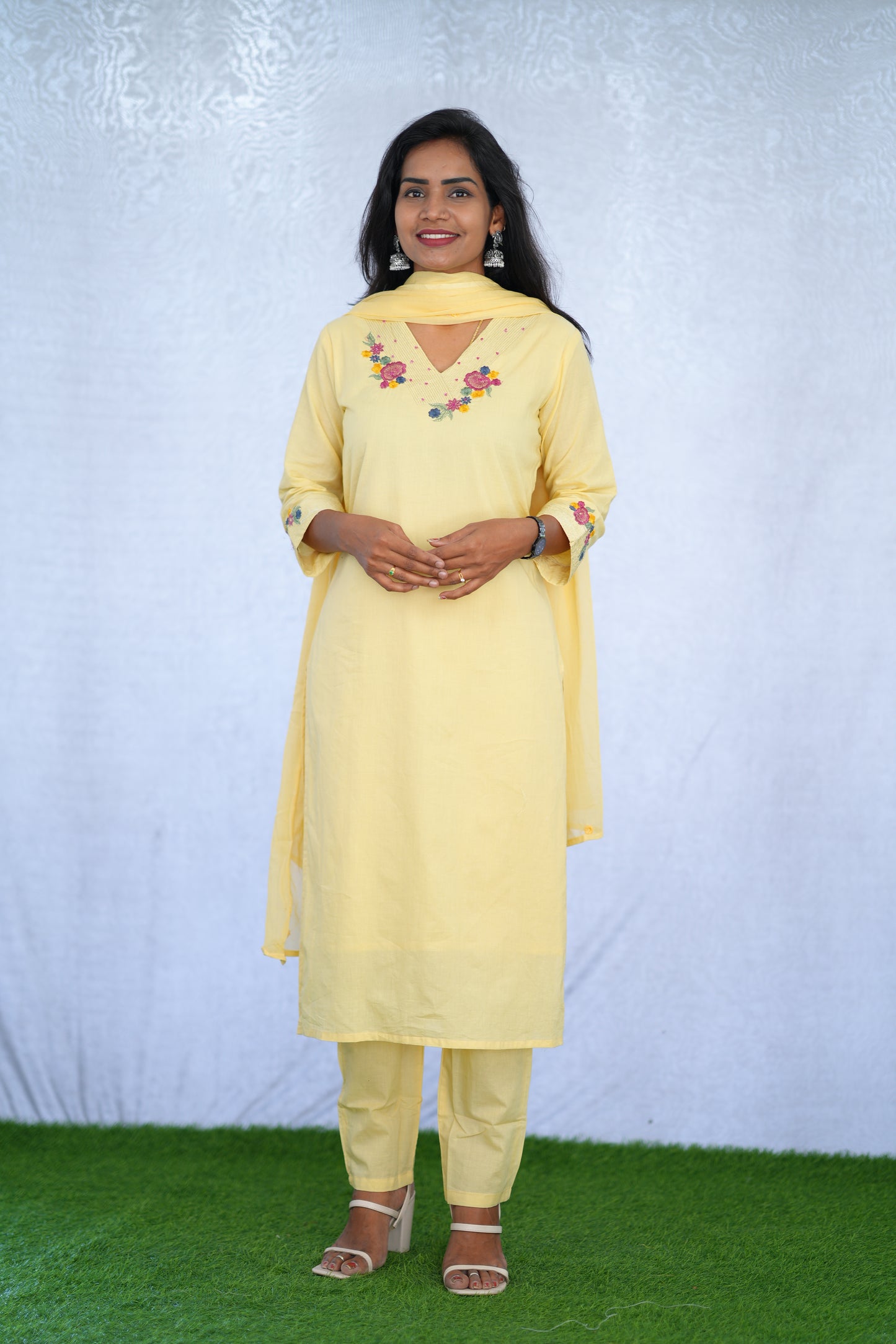yellow Jaipur cotton 3 Piece Set With embroidery work and Complete Lining