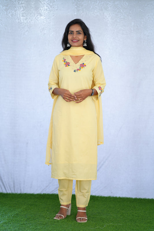 yellow Jaipur cotton 3 Piece Set With embroidery work and Complete Lining