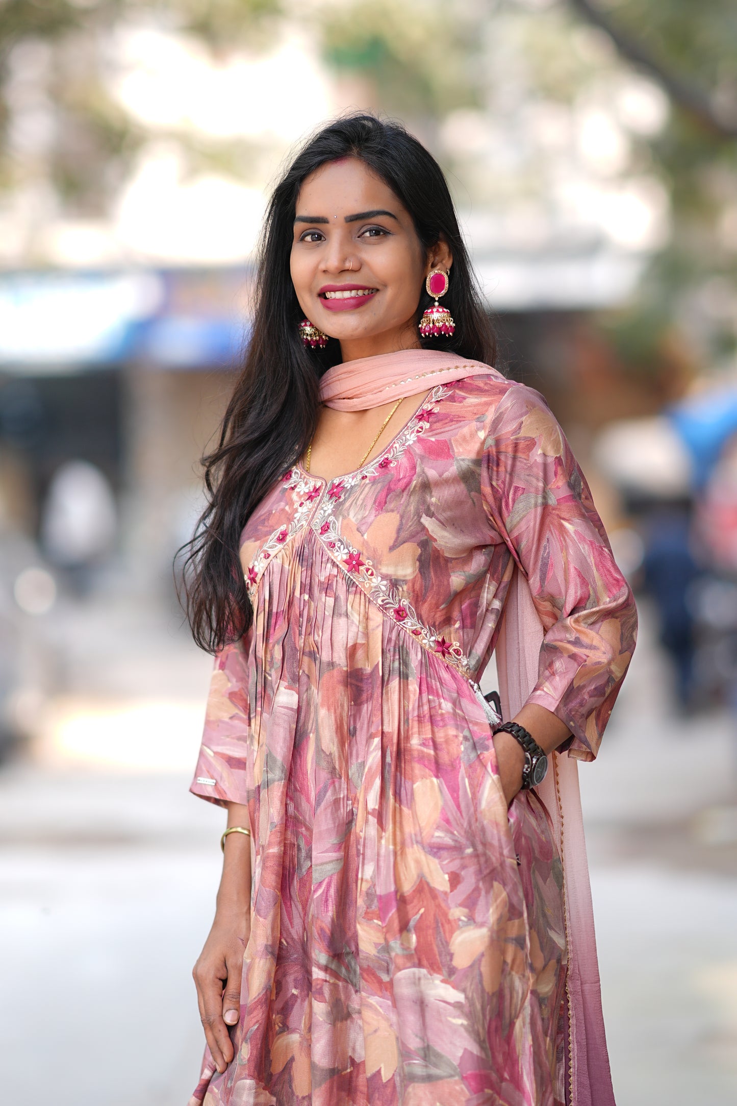 Dusty Peach Color Festive Wear Anarkali 3 Piece Set in Viscose Chanderi Fabric