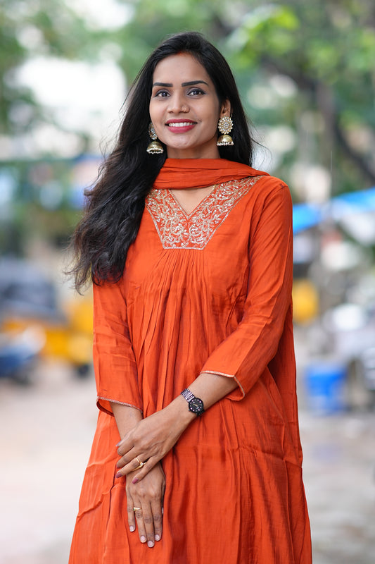 Orange Color Mul Chandheri A Line 3 Piece Set