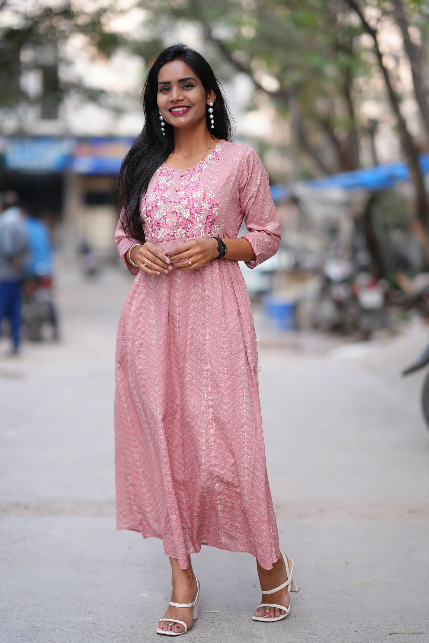 Pink Colour Long Frock With Embroidery Work