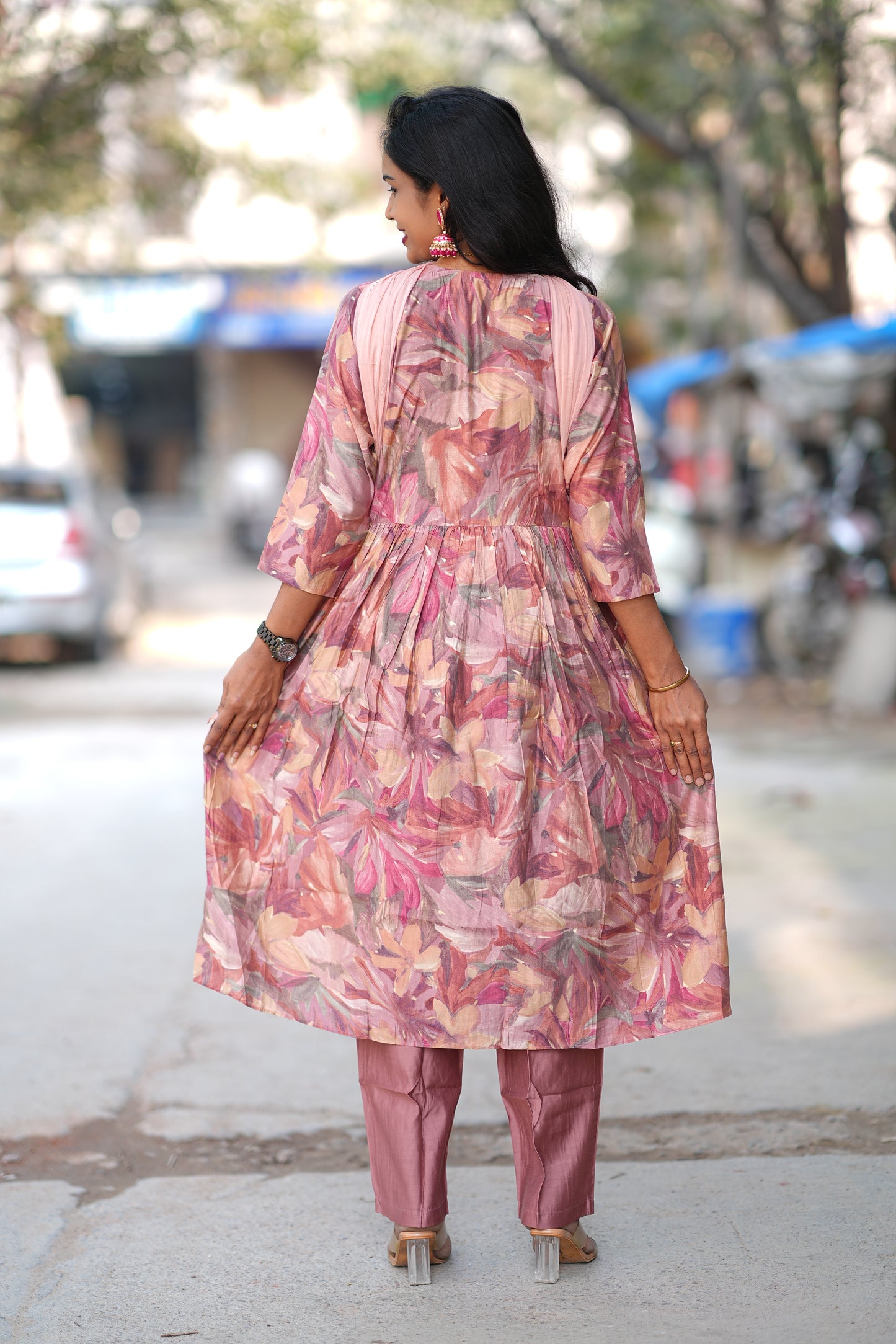 Dusty Peach Color Festive Wear Anarkali 3 Piece Set in Viscose Chanderi Fabric