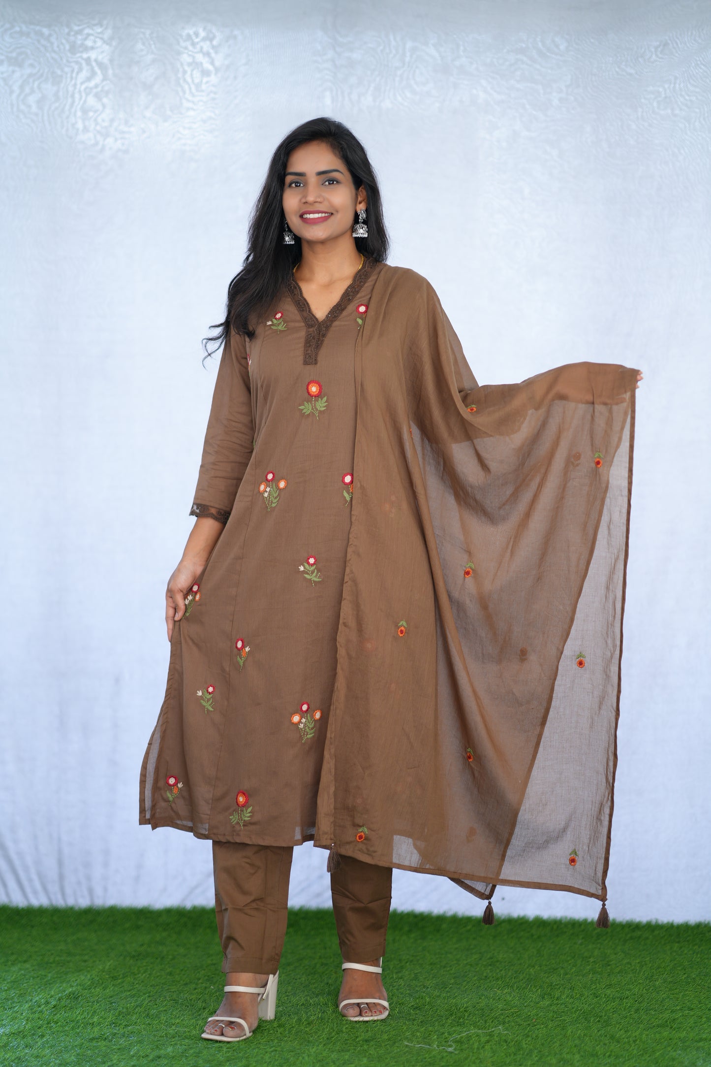 Brown Color Mul Cotton 3 Piece set With Embroidery work and Complete Lining