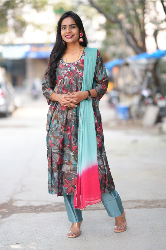 Aqua Green Leaves Print Viscose Fabric 3 Piece Set