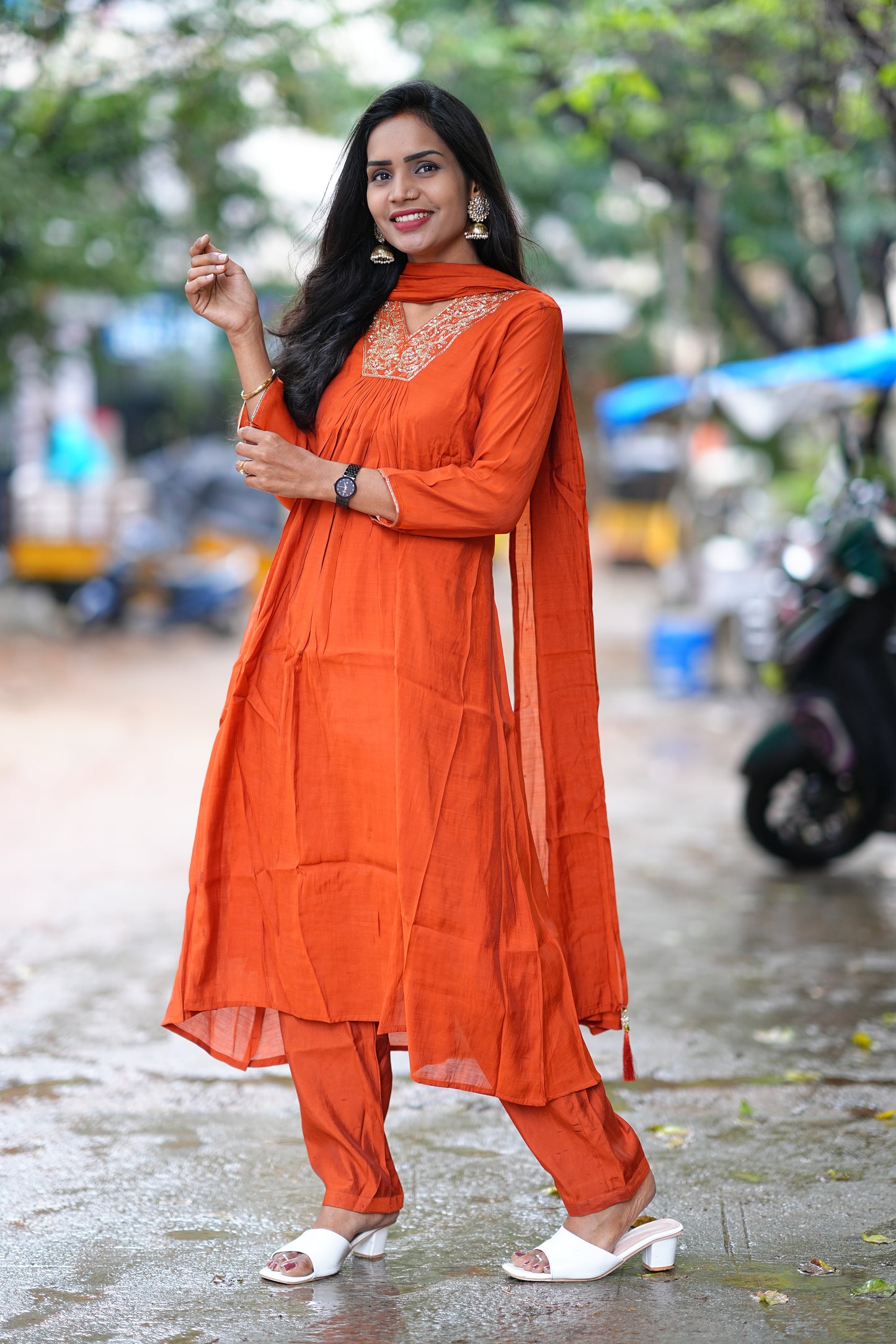 Orange Color Mul Chandheri A Line 3 Piece Set