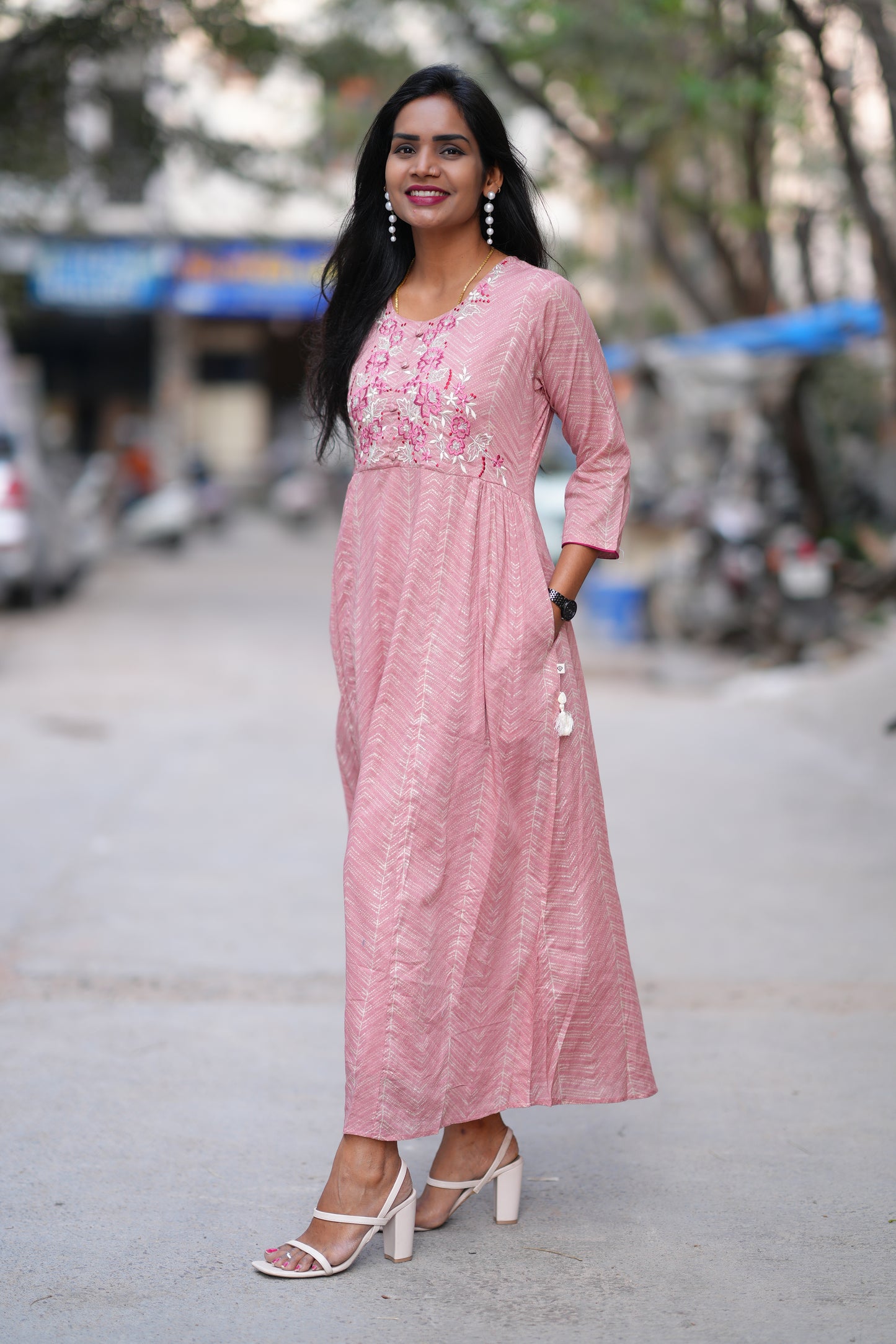 Pink Colour Long Frock With Embroidery Work